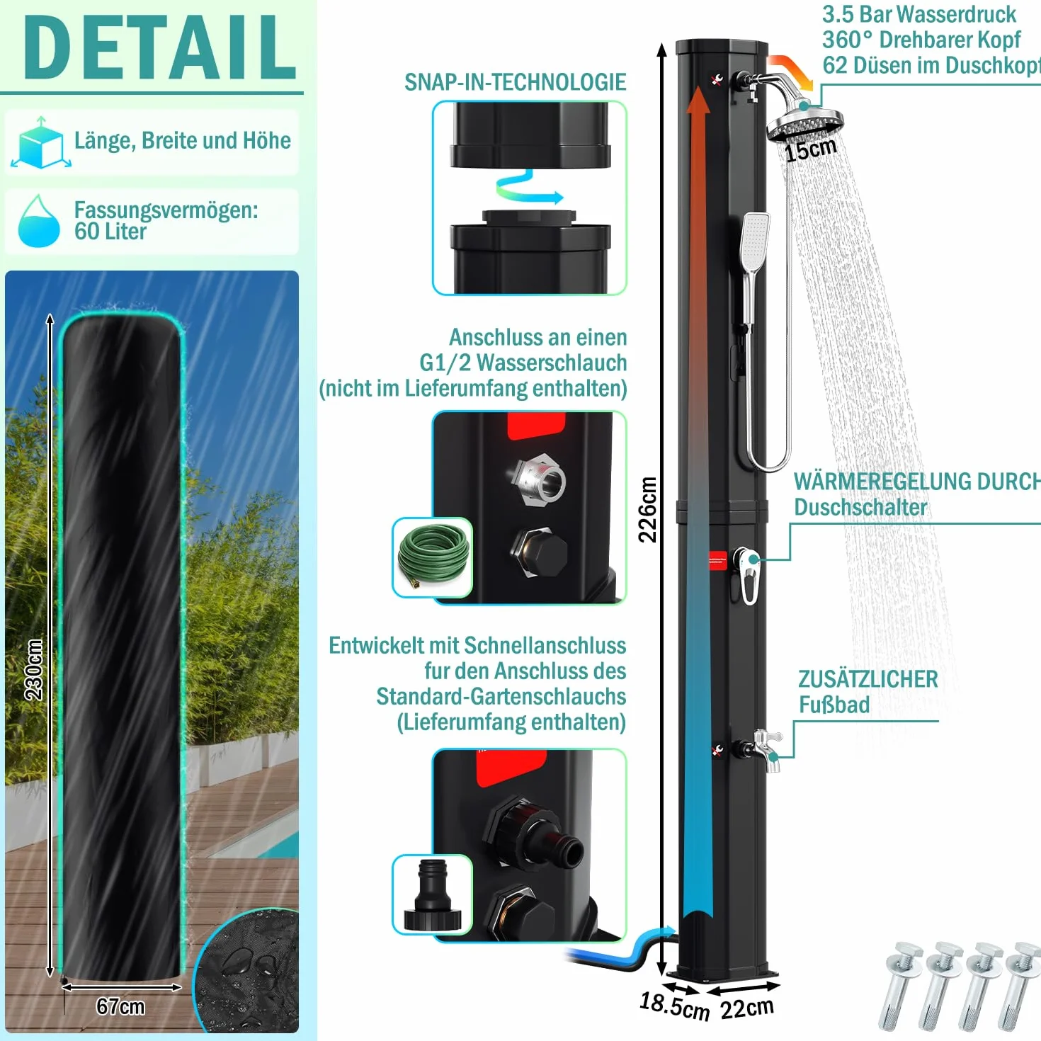Douche Solaire de Jardin 60 l - Eau Chaude jusqu'à 60 °C - sans raccordement électrique