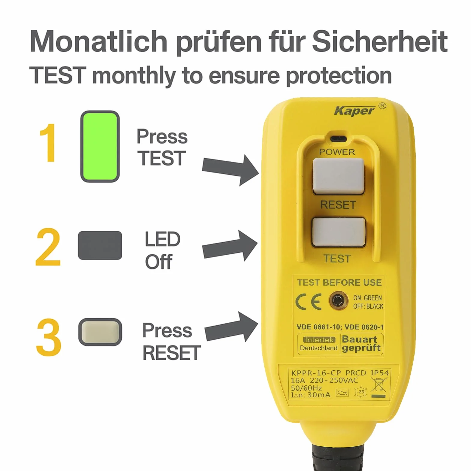 Kaper PRCD Prise de Protection Personnelle, 16 A, 230 V, IP54, Disjoncteur FI Portable avec Courant de Déclenchement de 30 mA, Étanche pour Chantier, Jardin, Camping et Atelier