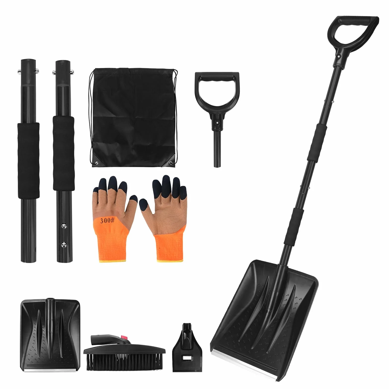 Kit Pelle à Neige rétractable 3 en 1 Grattoir Glace Brosse Neige avec Sac de Rangement et Gants Noir
