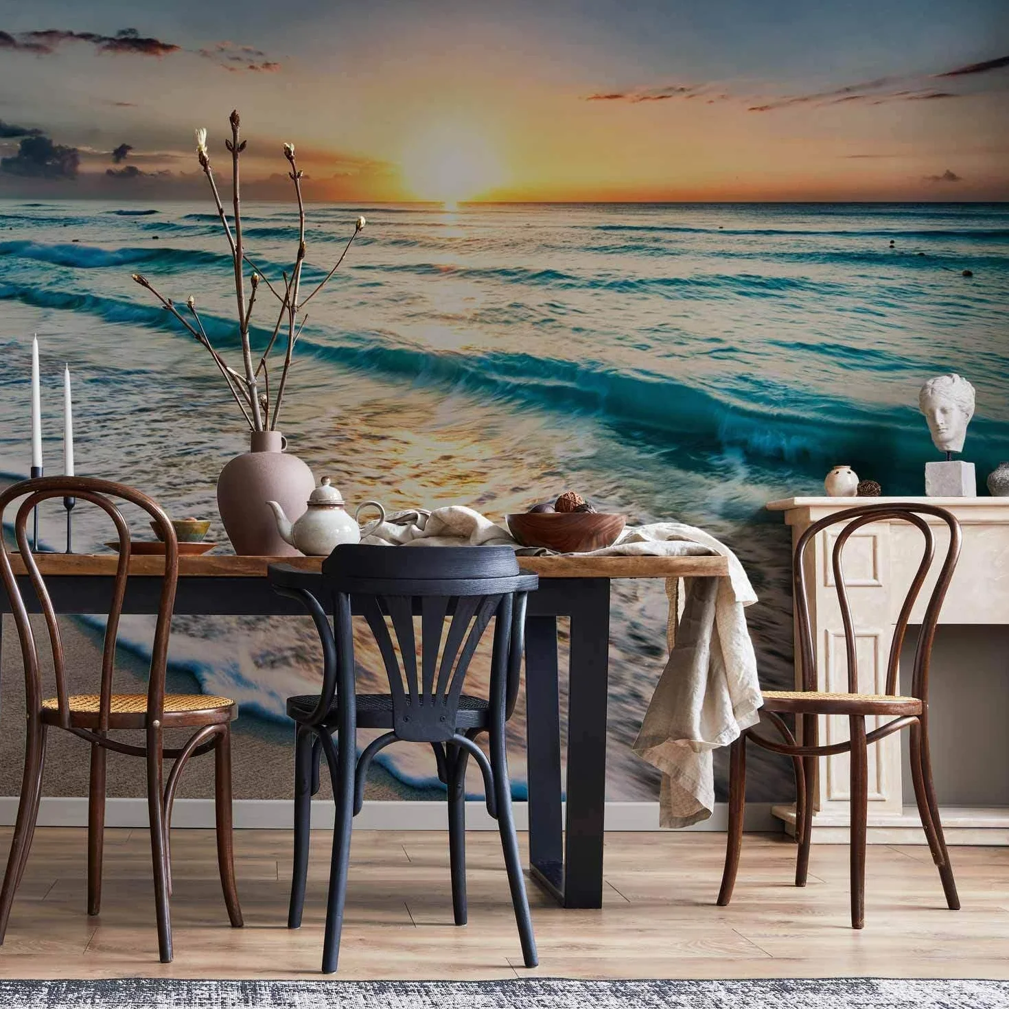 decomonkey - Papier Peint Panoramique Adhésif Plage Mer 343x256 cm - Stickers Muraux Salon Chambre Déco XXL Autocollant - Gris bleu marron - Vagues coloré paysage mer plage coucher de soleil