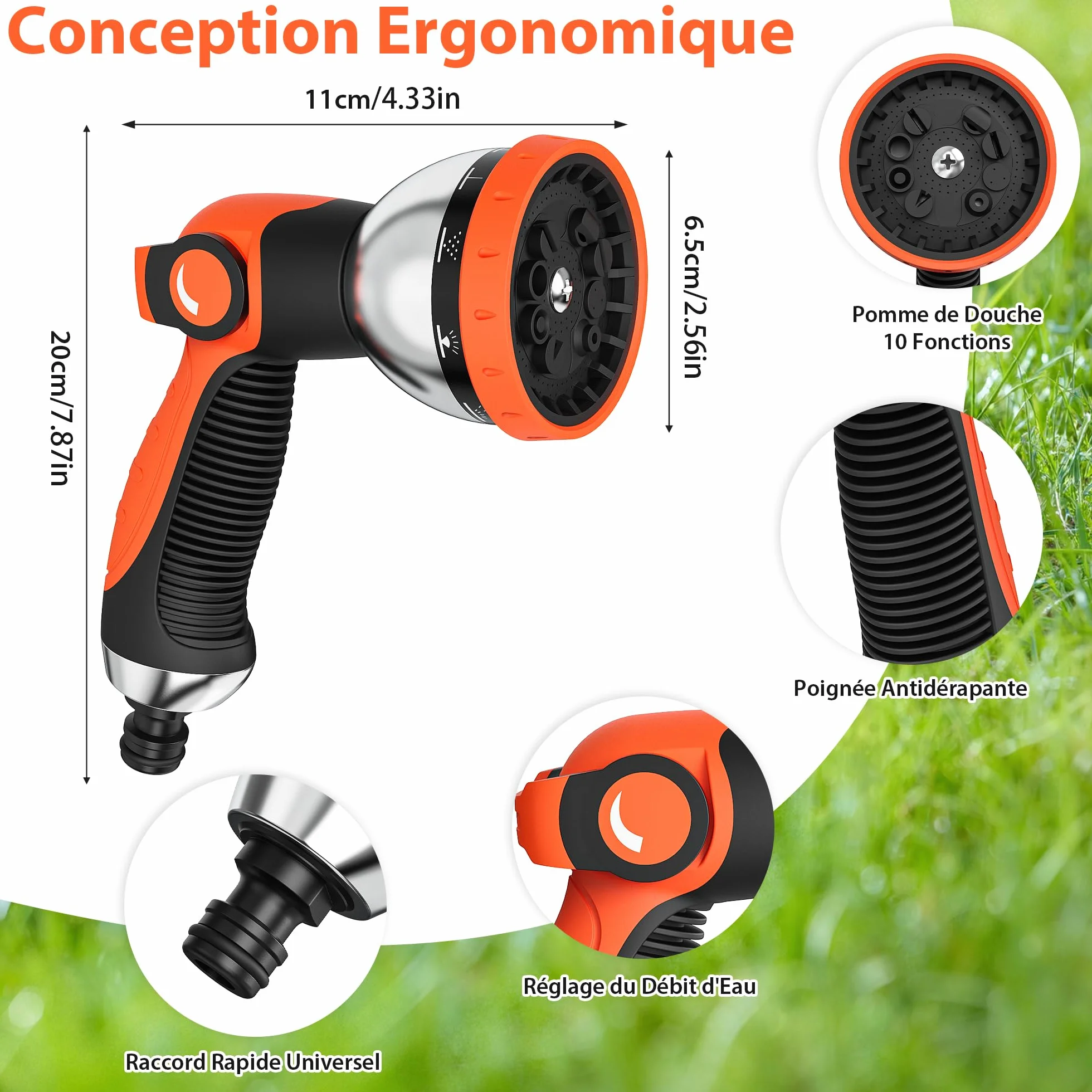 Pistolet Arrosage Jardin 10 Modèles Réglables Pulvérisateur Multifonctionnel Orange
