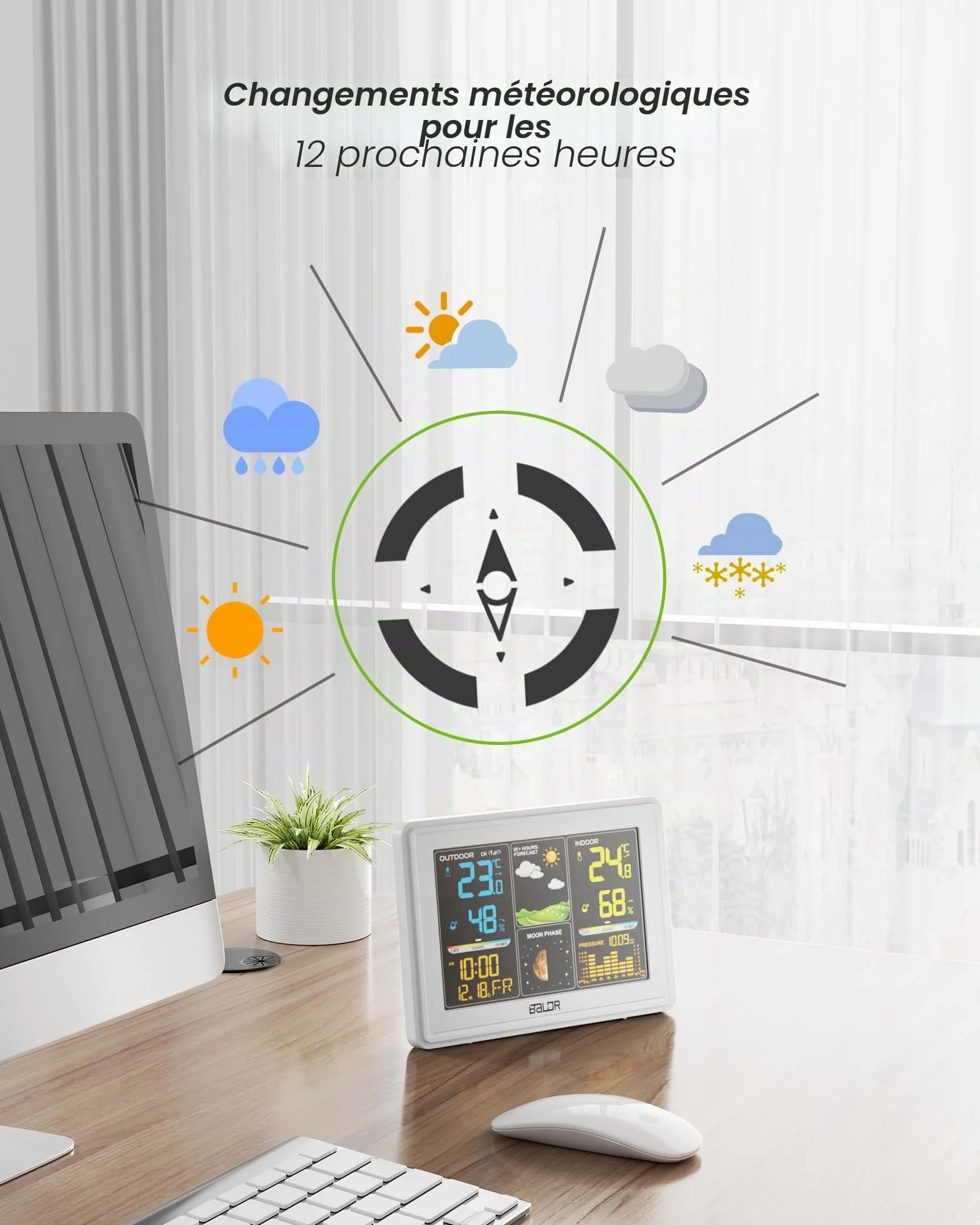 Station Météo Sans Fil BALDR Thermomètre Hygromètre Intérieur Extérieur Prévisions Heure Réveil Phase Lune