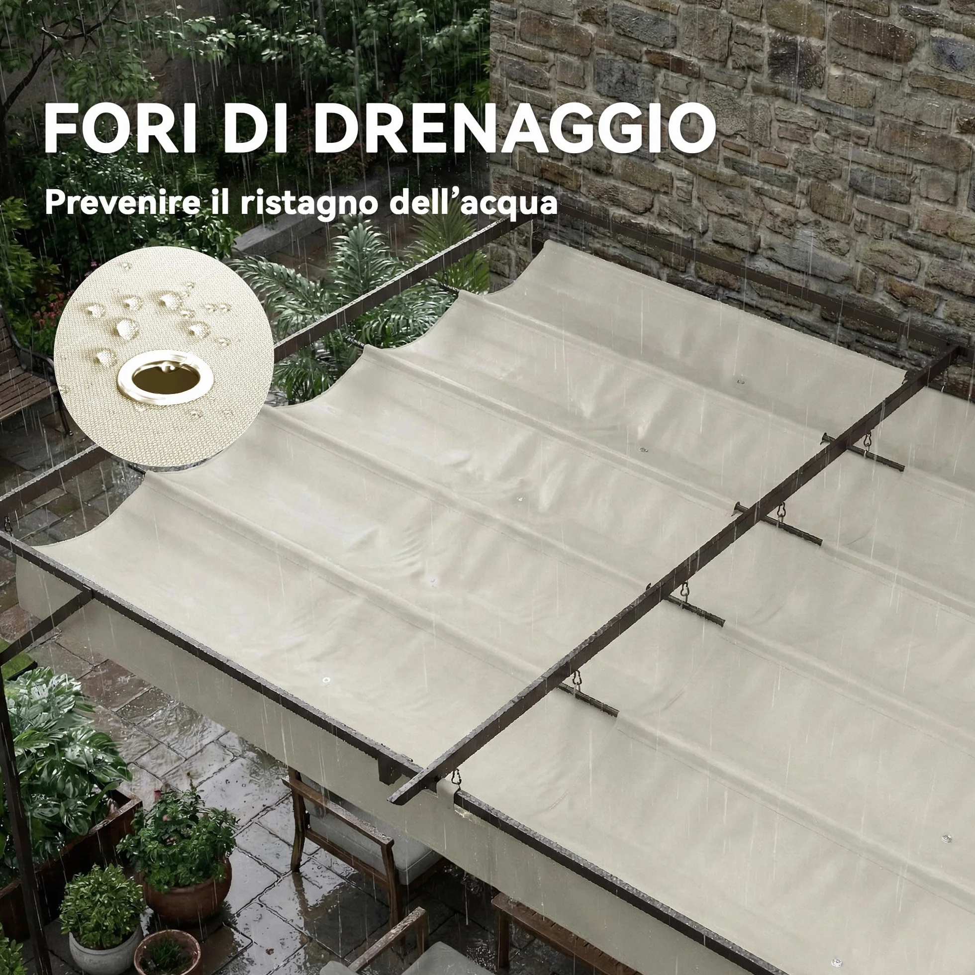 Outsunny Pergola Addoxée 3 x 4 m Toit Rétractable Coulissant Trous de Drainage Jardin Polyester Acier UV30+ Blanc Crème