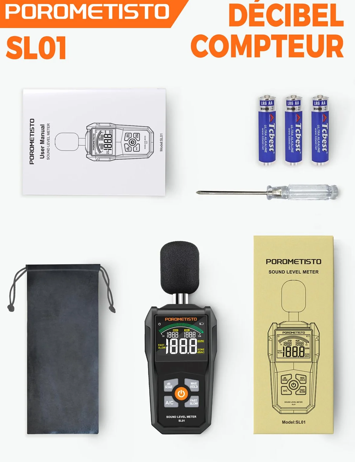 Sonomètre, POROMETISTO SL01,30-130db Sonometre Decibelmetre, Unités dB/SONE à Commutation Rapide, Affichage MAX/MIN, Conservation des données Decibelmetre -S'applique à Nuisances Sonores de Voisinage