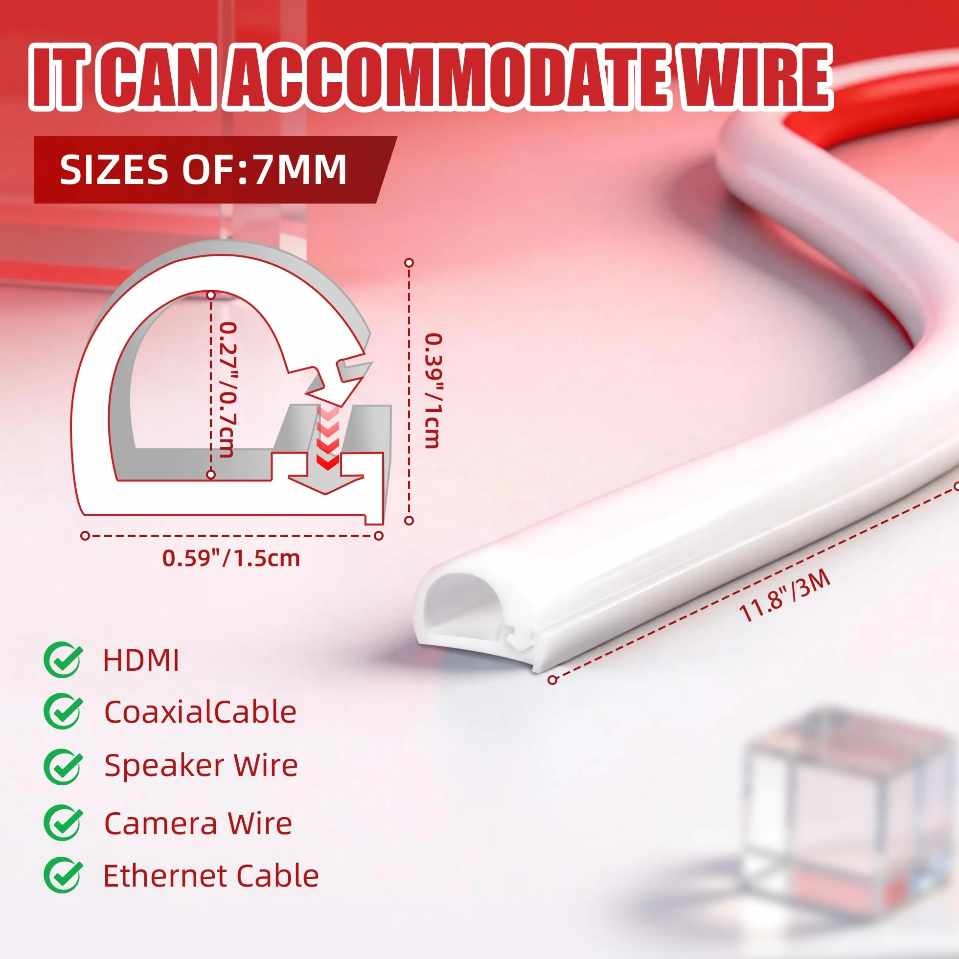 3 Mètres Goulotte Passe Cable, Auto-AdhéSif Cache Cable Silicone TV Mural, Facile à Couper Montage Goulotte Autocollante, pour La Maison Bureau Blanc 15mm×10mm