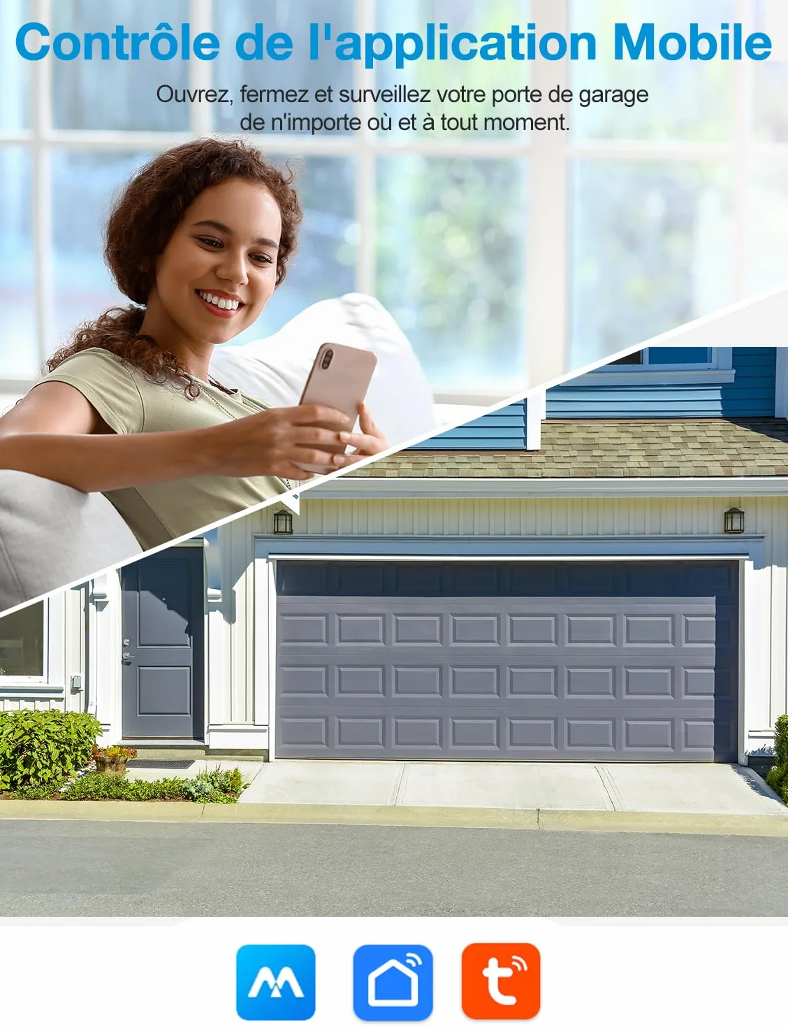 Maxcio Ouvre-Porte de Garage Connecté Wi-Fi, Compatible avec Alexa/Google Home, Contrôle par Application, Commande Vocale, Fonction de Temps, Compatible avec Alimentation CC et CA