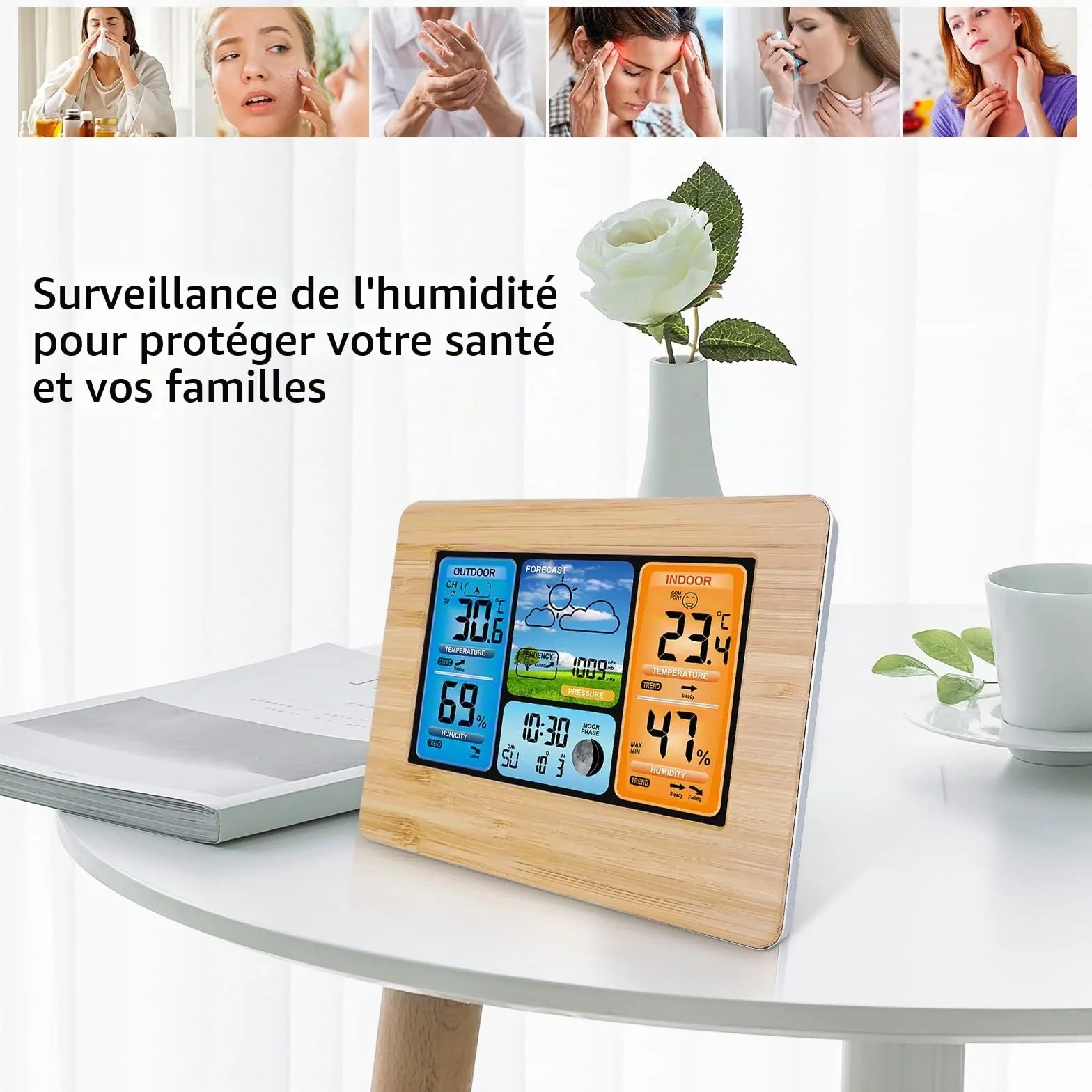 Station météo sans fil numérique avec thermomètre, humidité, baromètre, alarme et horloge à phase lunaire - Capteur extérieur