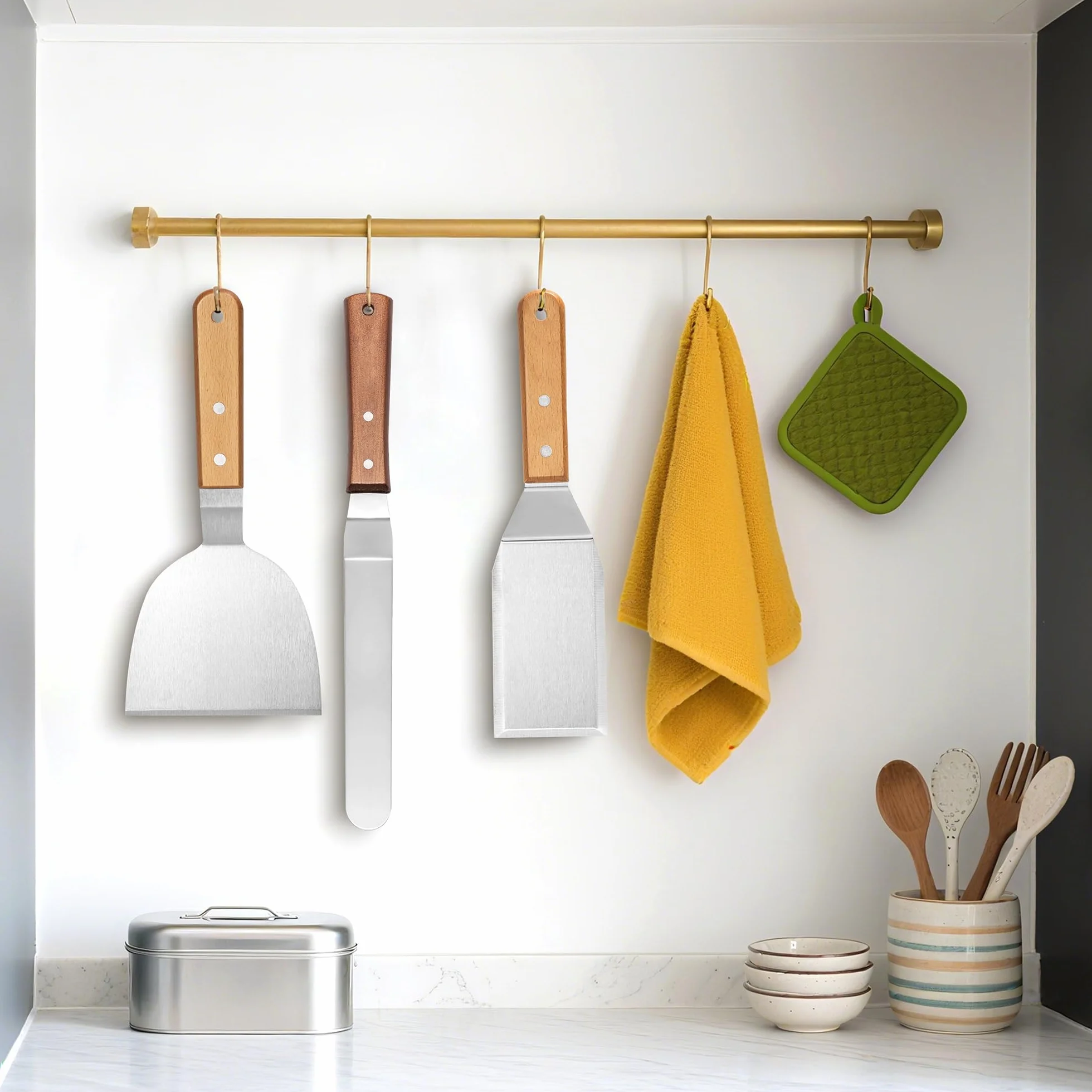 Elalove Set de 3 Spatules Professionnelles pour Plancha - Spatule Acier Inoxydable 26cm avec Grattoir, Argent