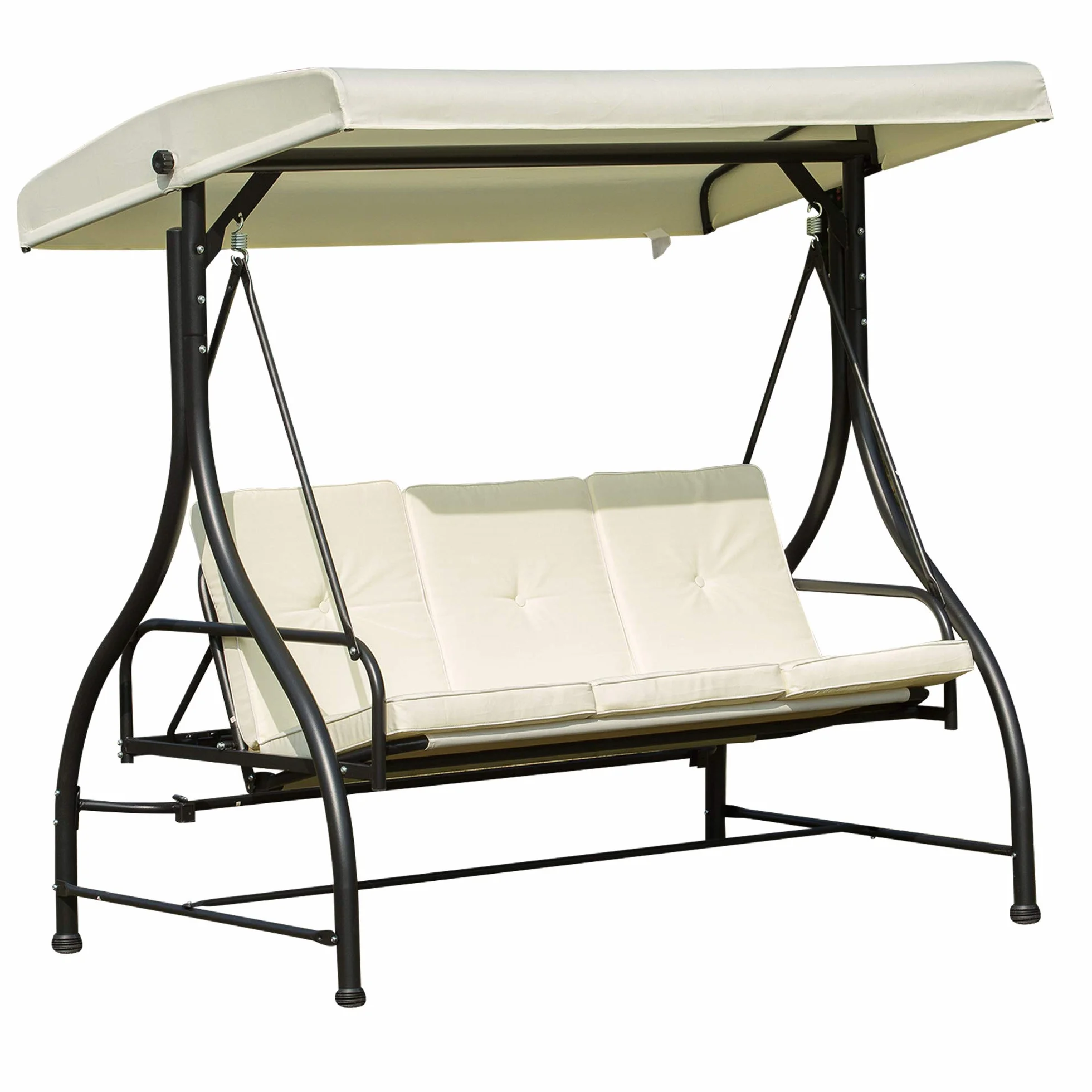Outsunny Balancelle de Jardin 3 Places Convertible Toit réglable Matelas 8 cm 1,95L x 1,17l x 1,75H m métal époxy Noir crème