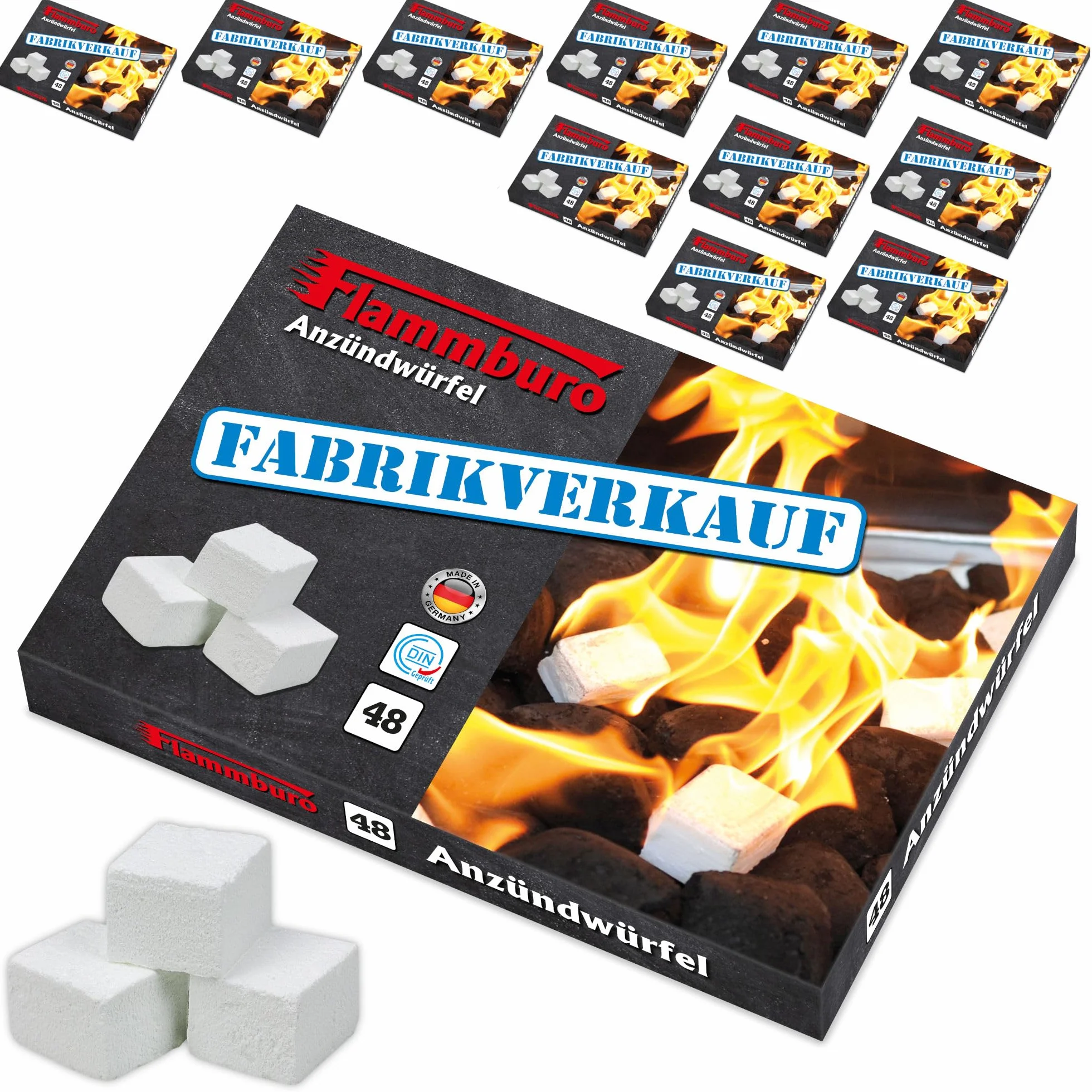FLAMMBURO Lot de 576 cubes d'allumage paraffine allume-barbecue allume-cheminée fabriqué en Allemagne 12 boîtes x 48