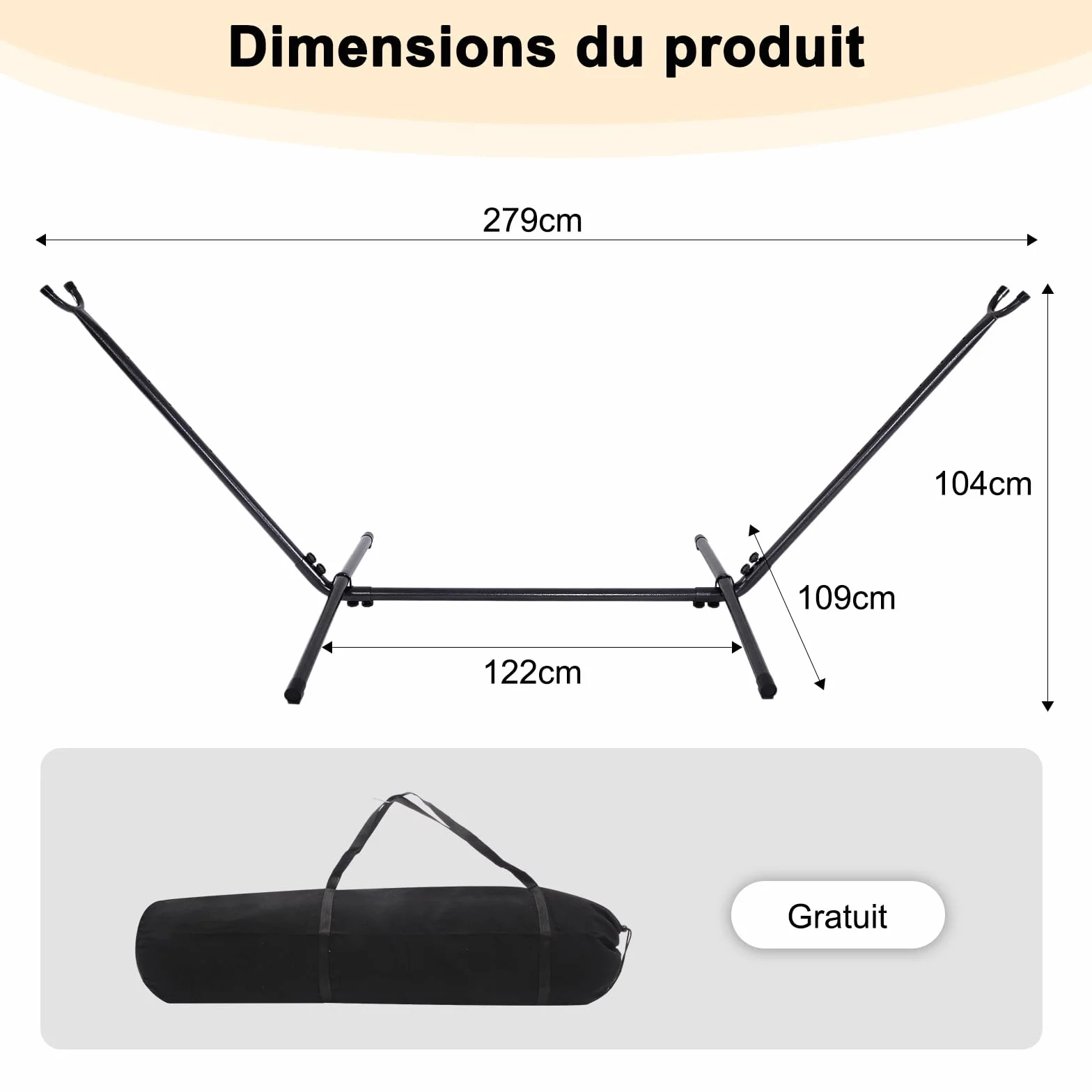 Support hamac Exterieur Construction Robuste Hauteur réglable 6 Vitesses 2,80L x 1,09B x 1,04H m Noir