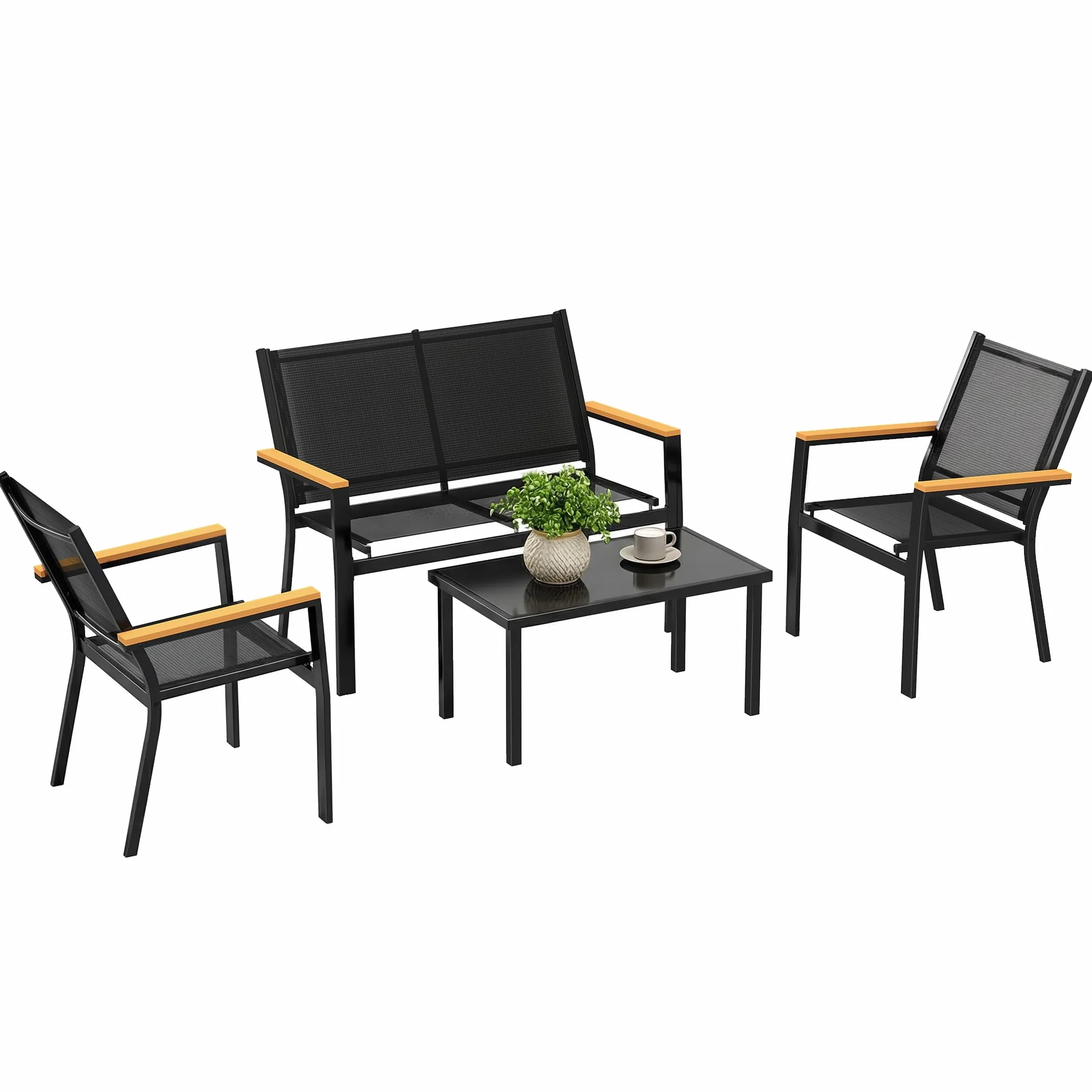 Outsunny Salon de Jardin extérieur 4 pièces canapé 2 Places chaises Table Basse Verre trempé Noir