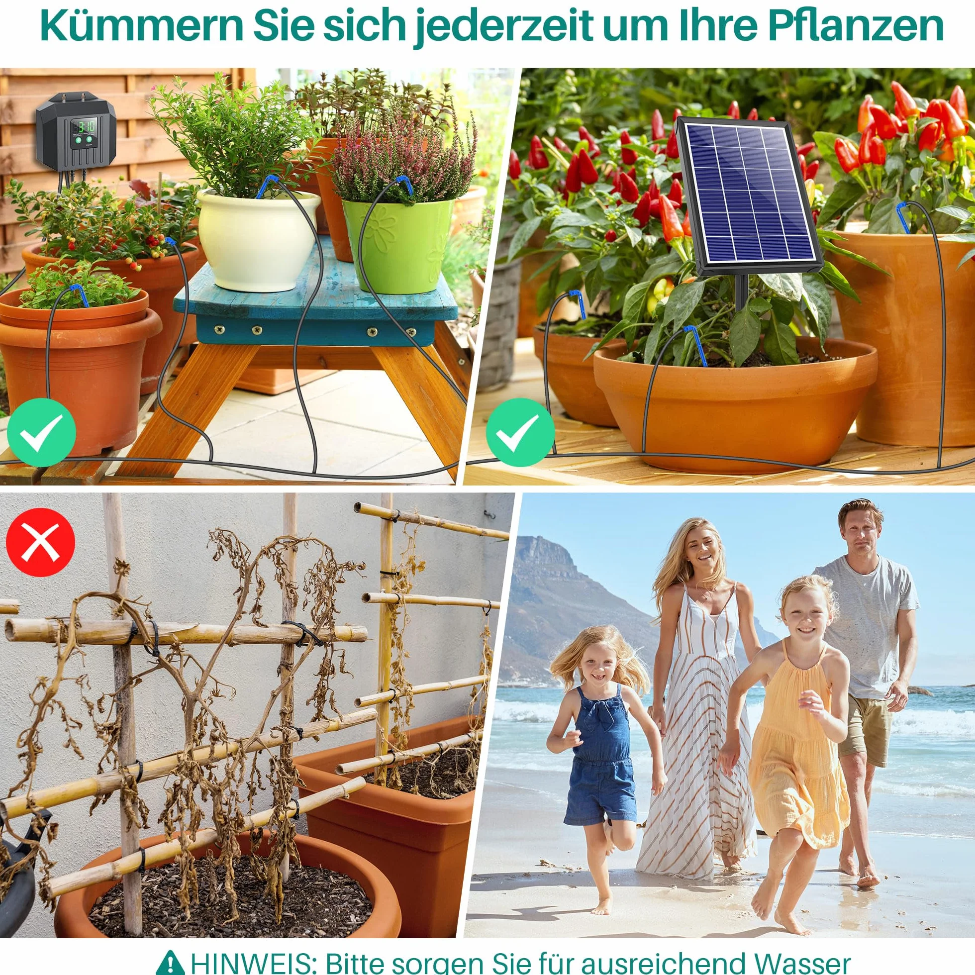 Biling Système d'arrosage solaire automatique 4W 15m pour plantes avec minuterie jardin balcon