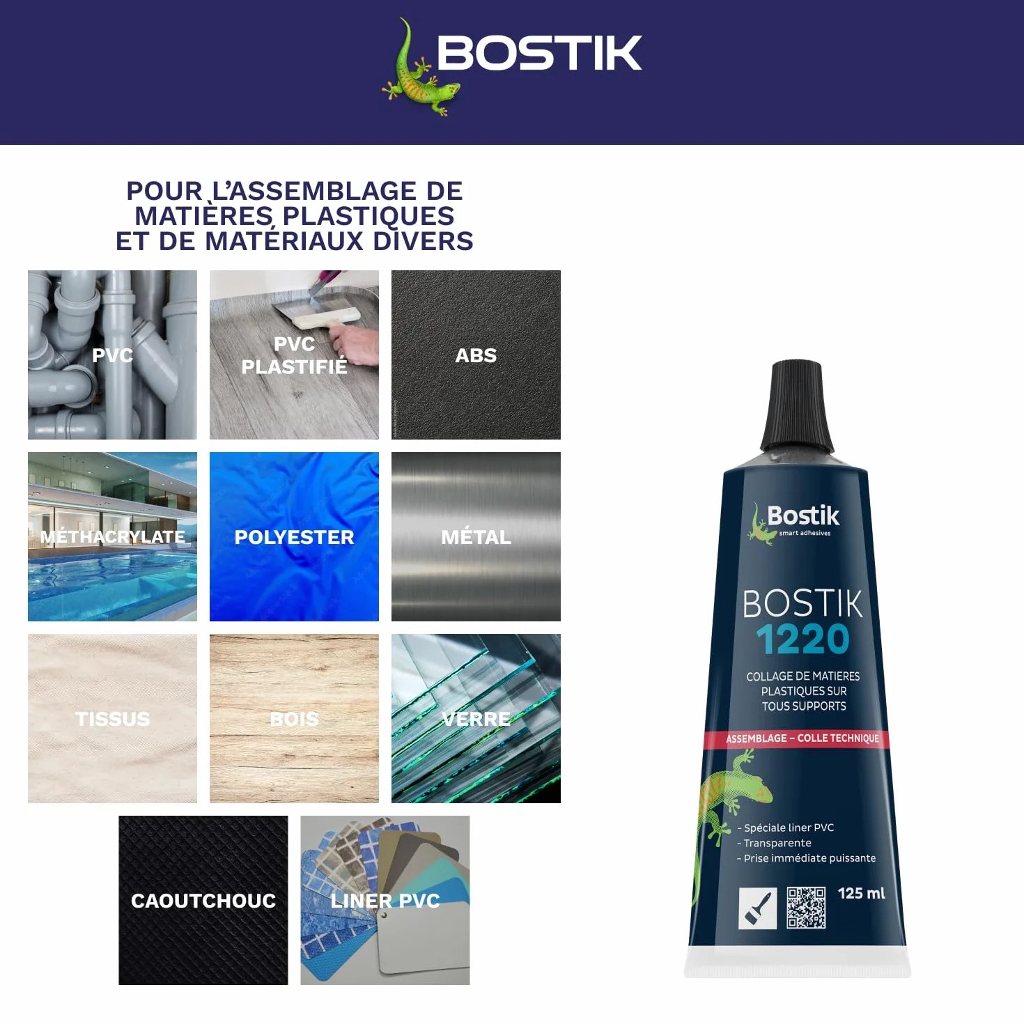 Bostik - Colle Contact Nitrile Liquide 1220 - Multi-Usages - Idéale Pour Liner PVC - Transparente - Tube de 125 ml