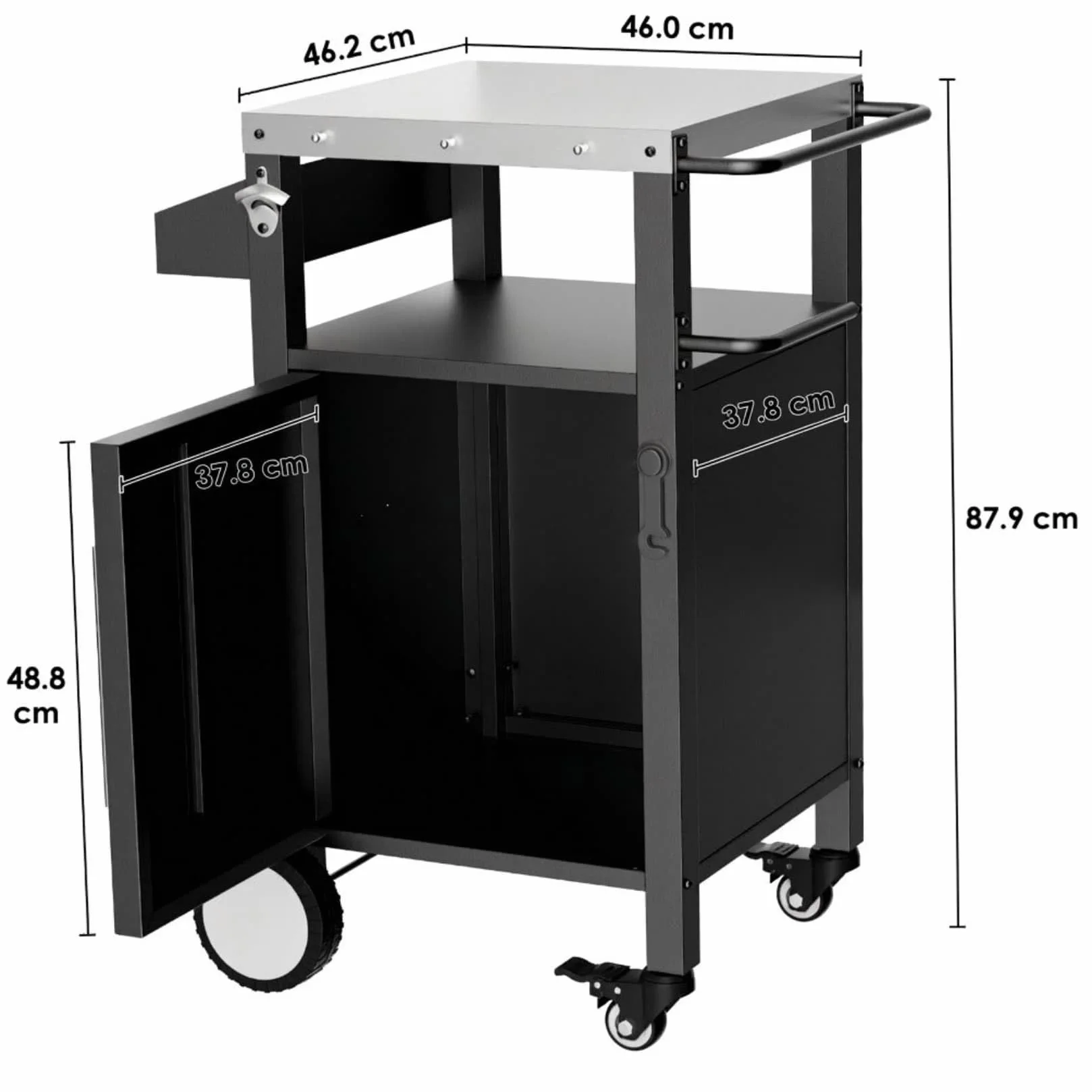Desserte à roulettes de Jardin 46x46.2x87.9cm Chariot Barbecue Cuisine Exterieur avec Crochets Étagères Épices Armoire Noir