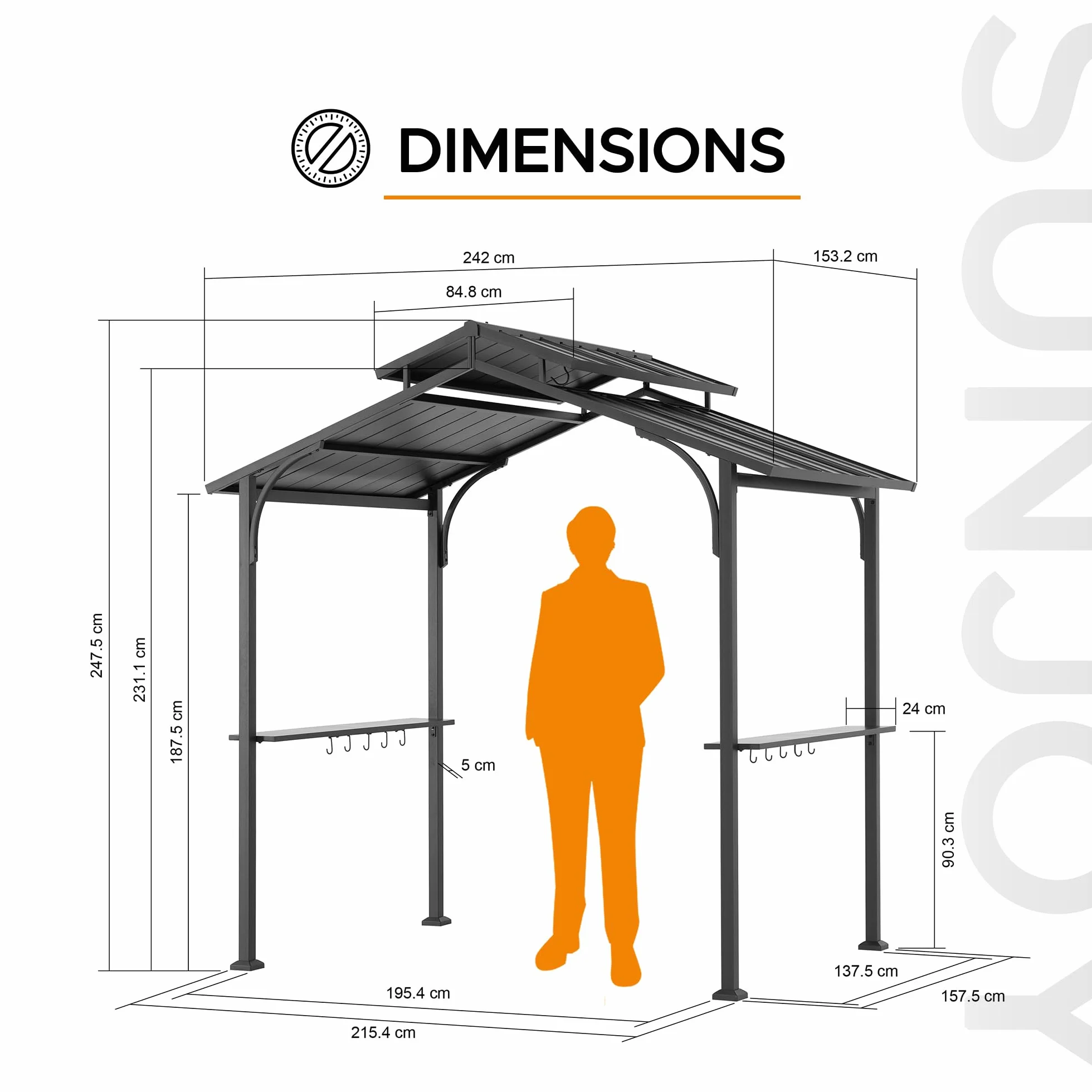 SUNJOY Tonnelle Barbecue 2,4 x 1,5 m avec 2 Étagères et 10 Crochets, Toit Double Ventilé, Structure en Acier, Abri BBQ Étanche