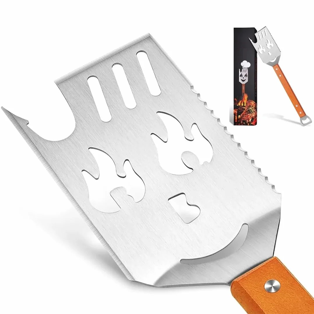 Accessoires Barbecue 7 en 1 Spatule Multifonction avec Décapsuleur Manche en Bois Cadeaux pour Hommes
