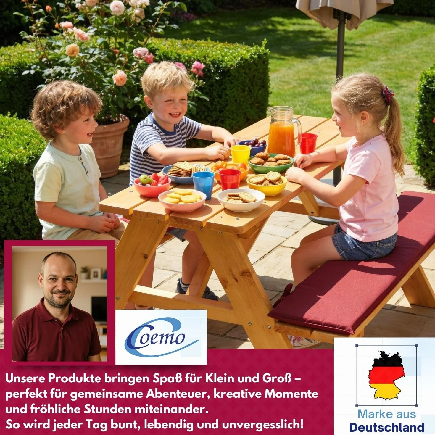 Coemo Salon de jardin stable pour enfant avec rembourrage Table de pique-nique en bois