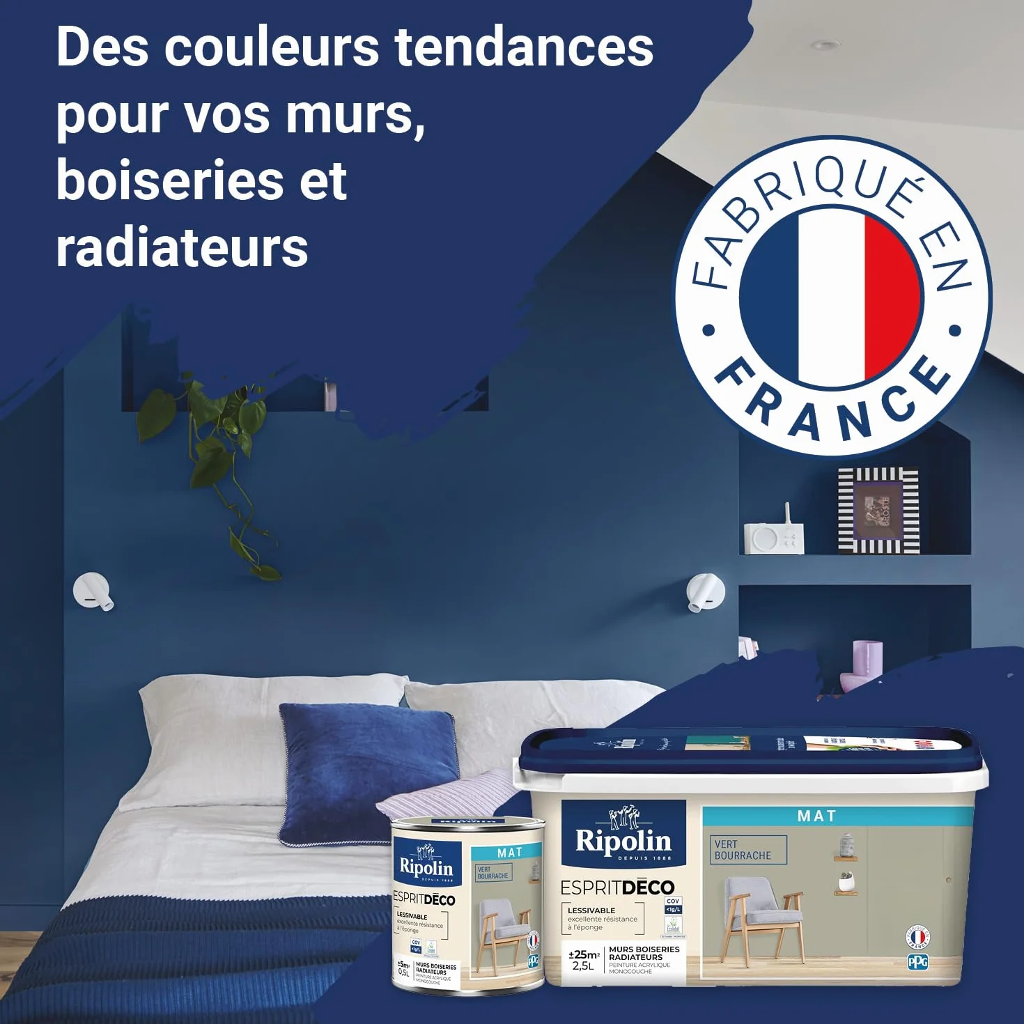 RIPOLIN - Peinture Intérieure Multi-Supports – Murs, Boiseries & Radiateurs – Ultra Couvrante – Lessivable – Application Facile – Ecolabel - Aspect Mat - 0,5L - Blanc