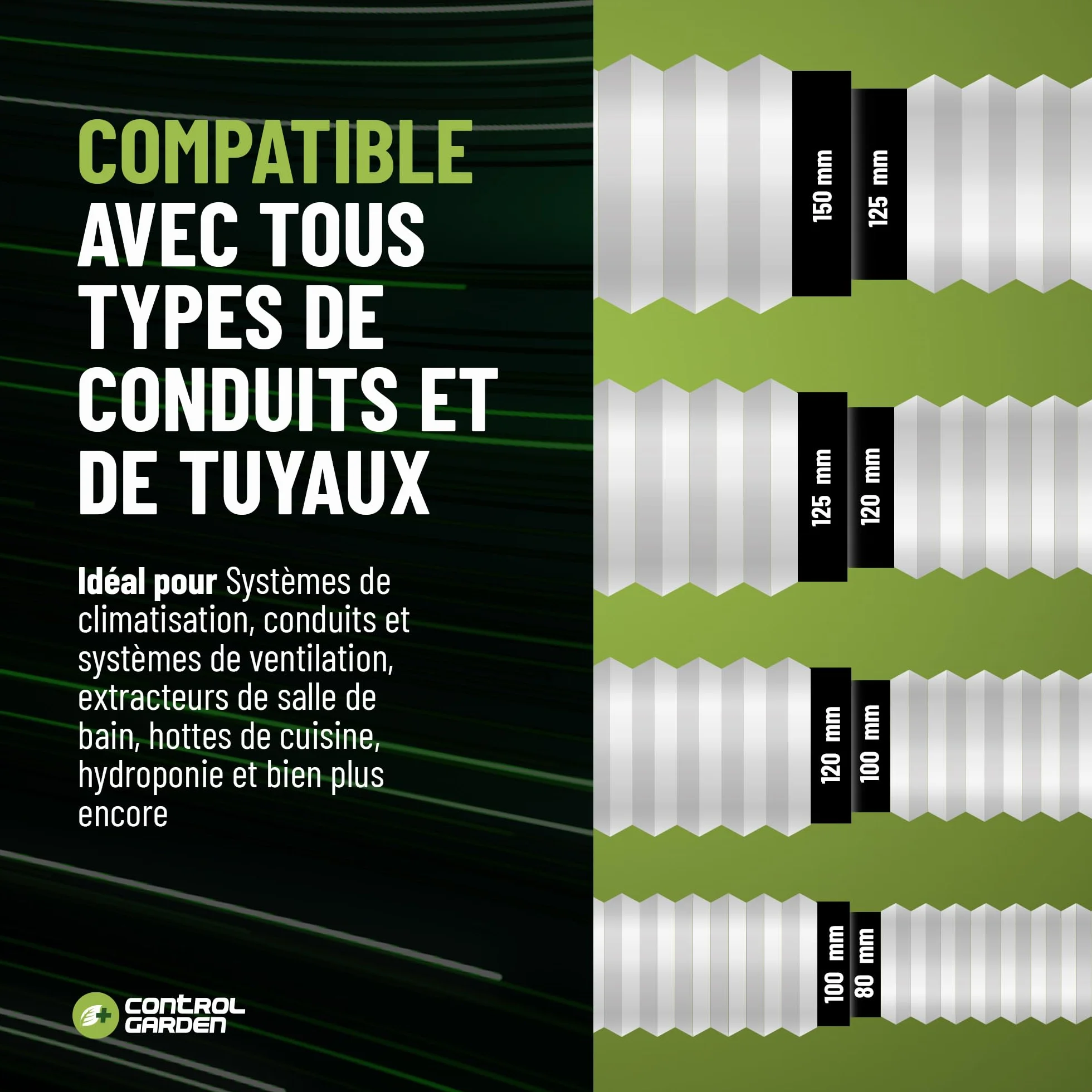 CONTROL GARDEN Réducteur universel pour ventilation Ø 80-150 mm Raccord connecteur conduit noir