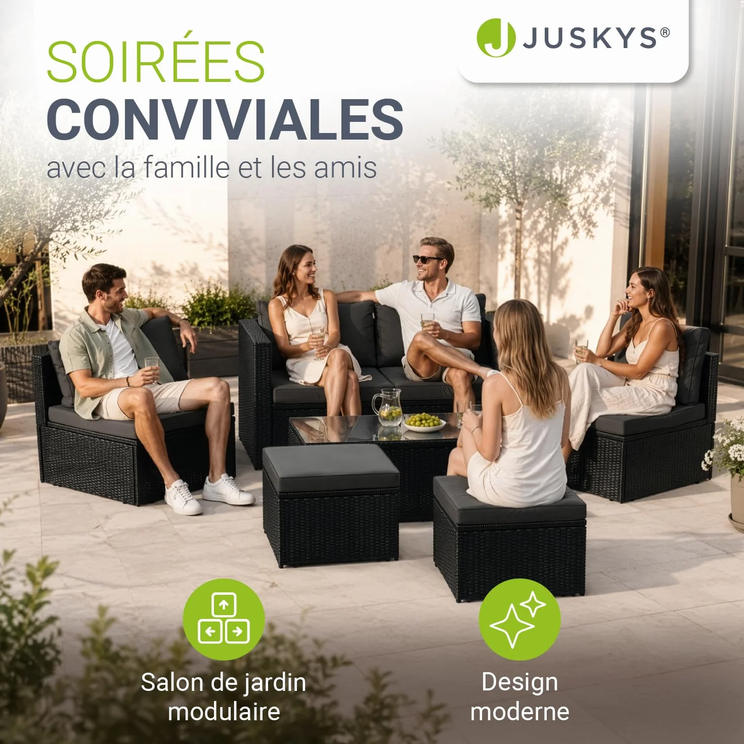 Juskys Salon de Jardin Salou polyrotin pour 6 Personnes Noir résistant aux intempéries
