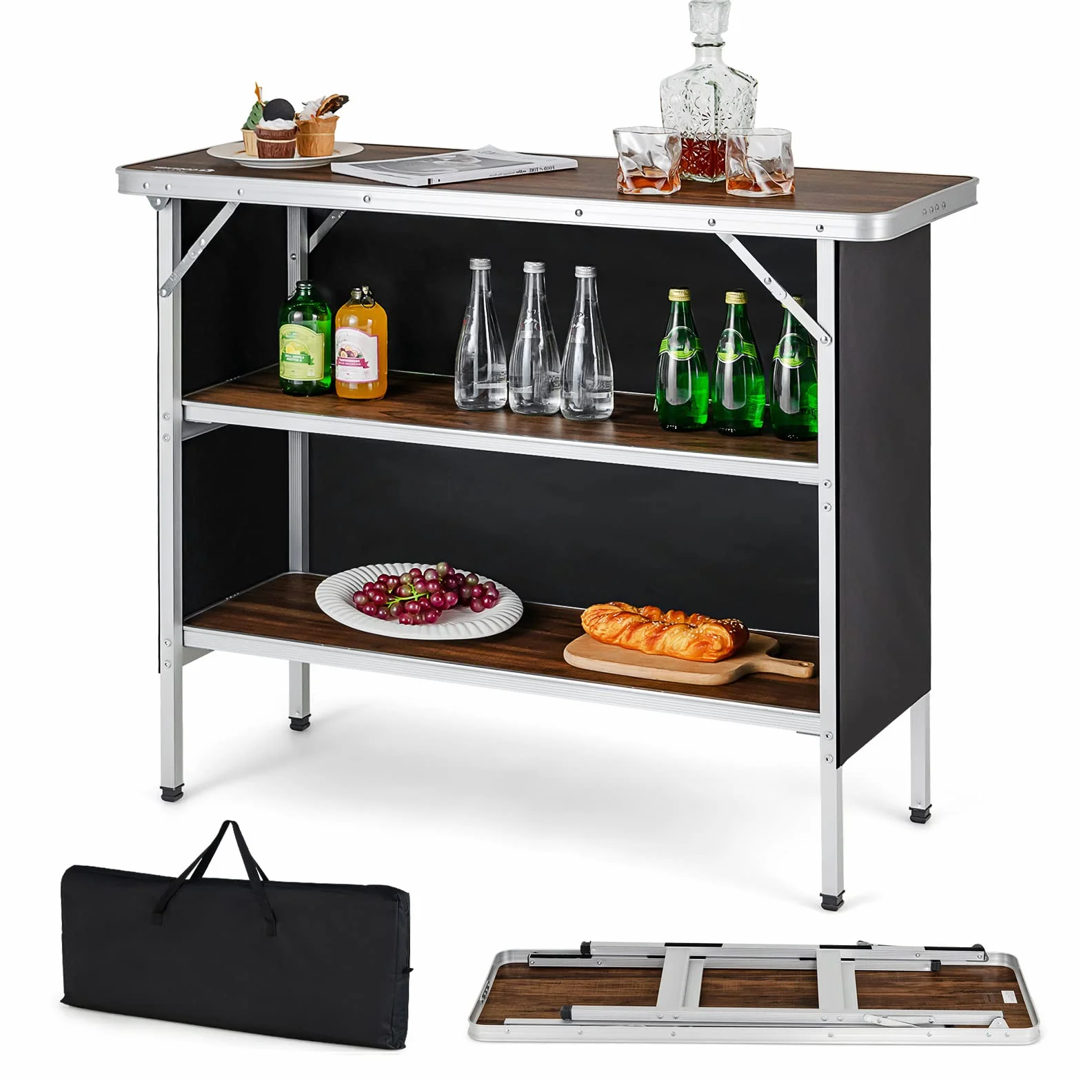 Table de Camping Pliante Aluminium KOMFOTTEU avec Sac Rangement 3 Niveaux Brun