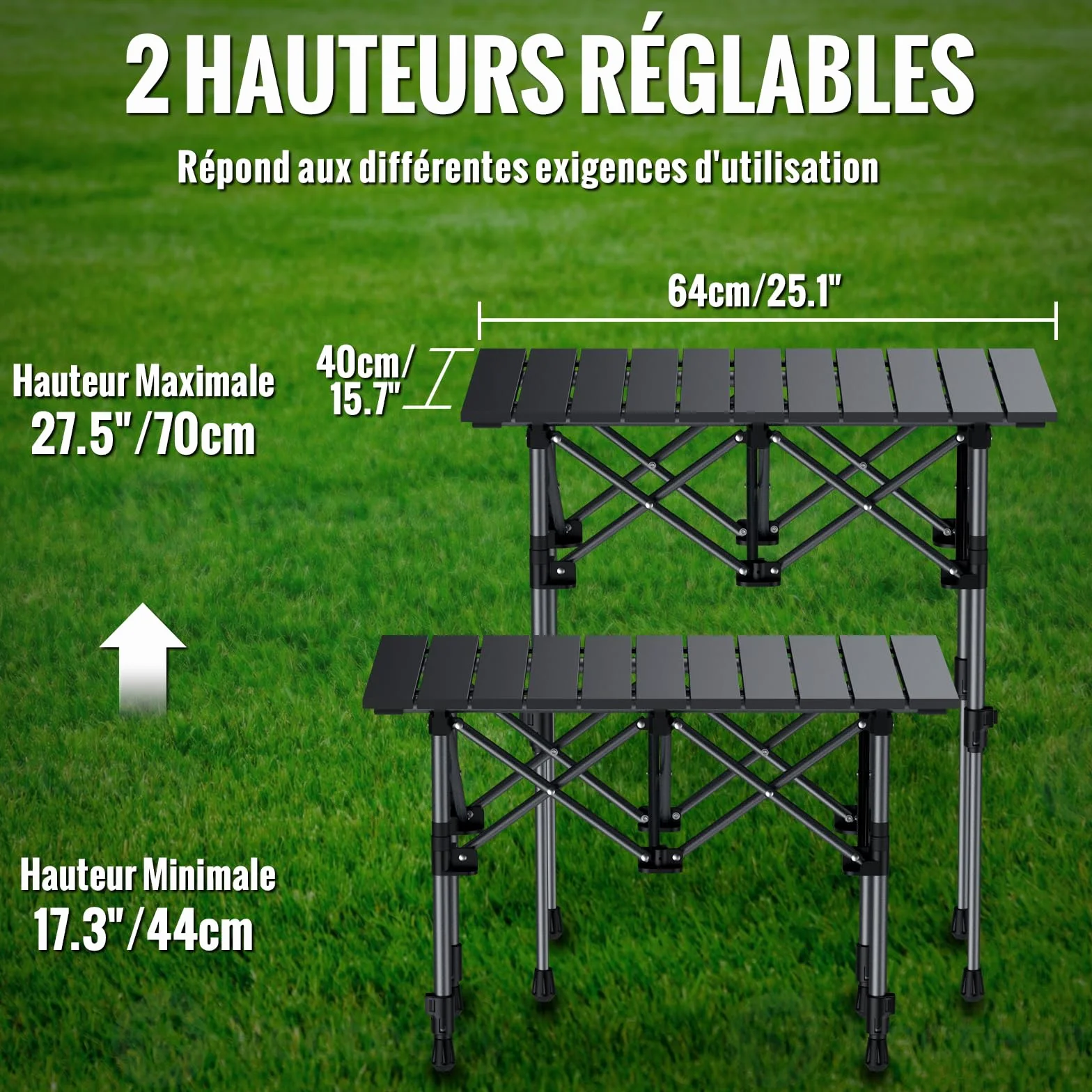 GARLLEN Table de Camping Pliante Portable Deux Réglages de Hauteur Imperméable 3-4 Personnes