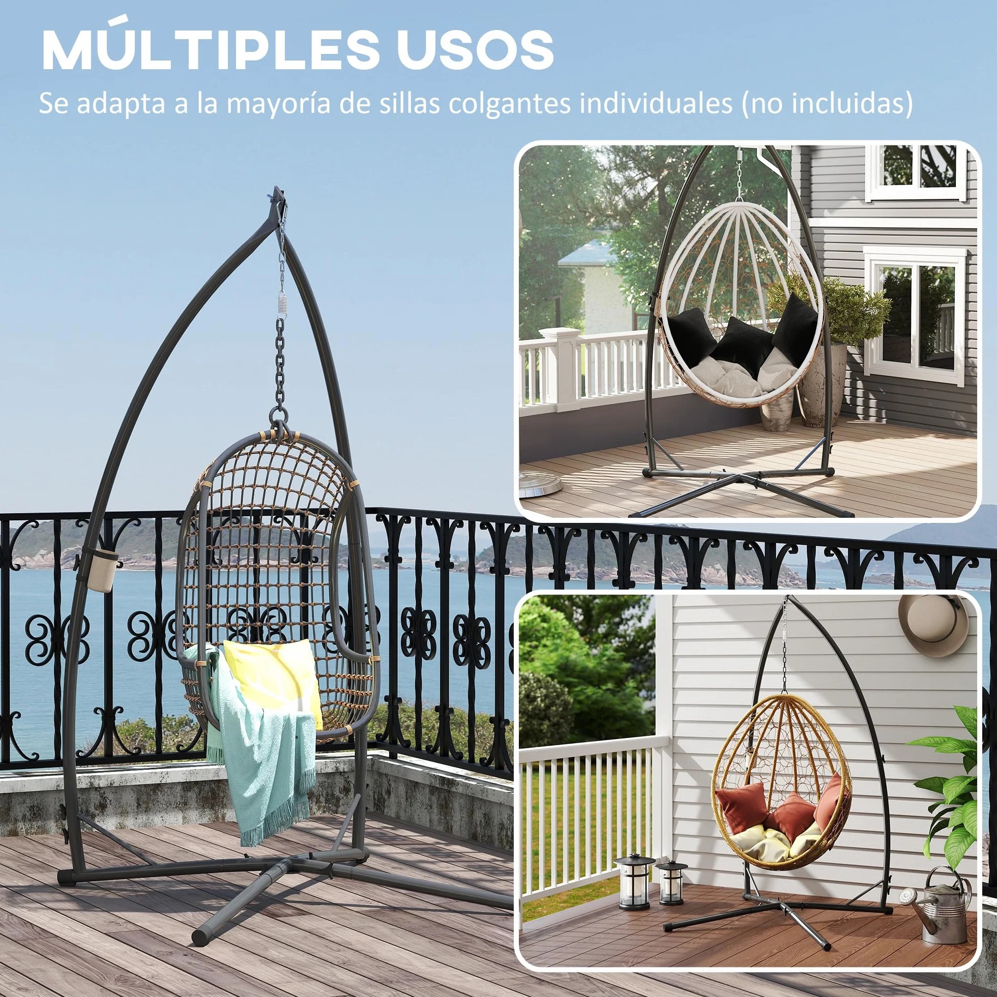Outsunny Support pour chaise suspendue œufs 215 cm acier Base stable porte-gobelet Balançoire patio jardin balcon charge 150 kg noir