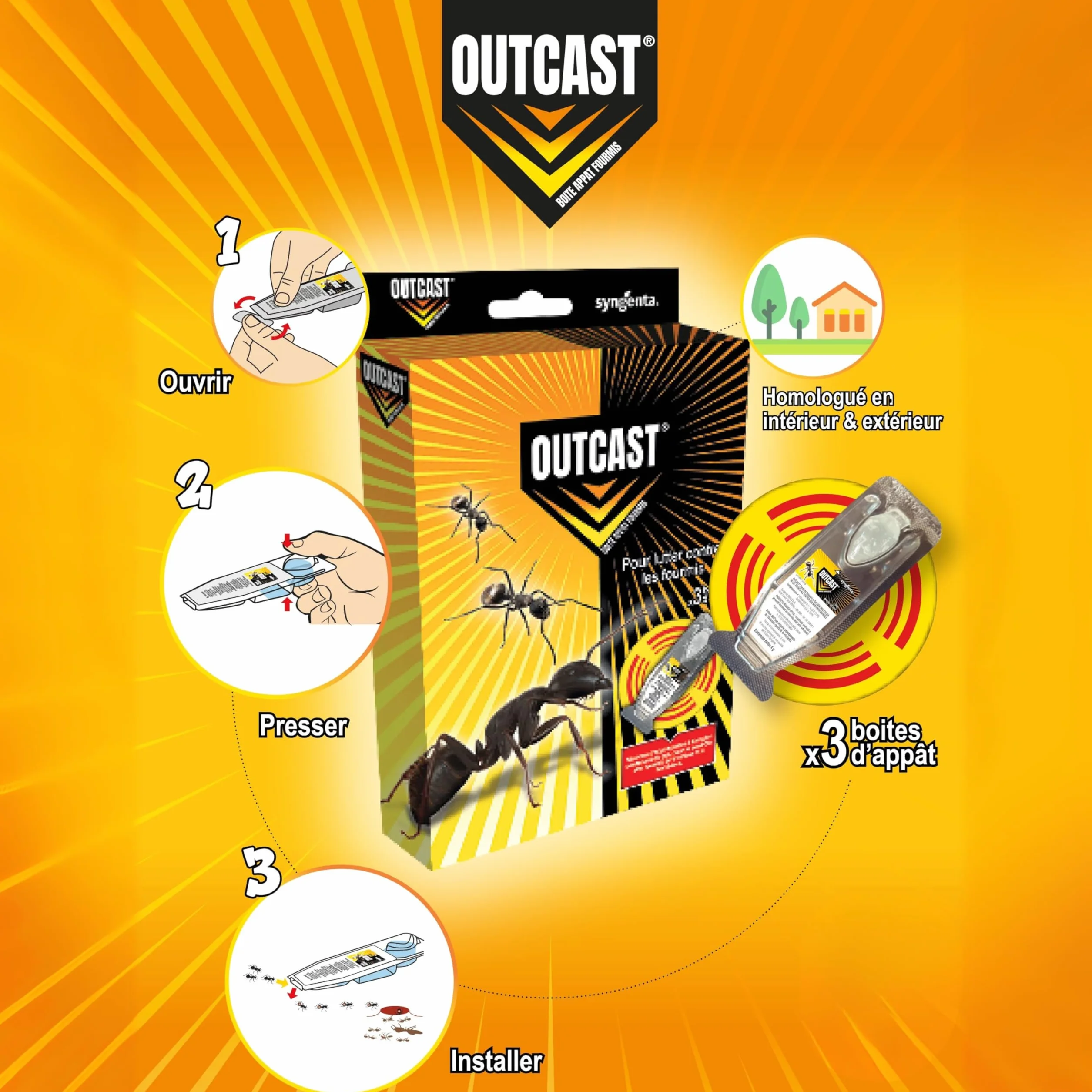 Outcast Boîte Appât Anti Fourmis en Gel Piège Intérieur Extérieur Élimination Colonies Fourmi Action Retardée 3 Pièges