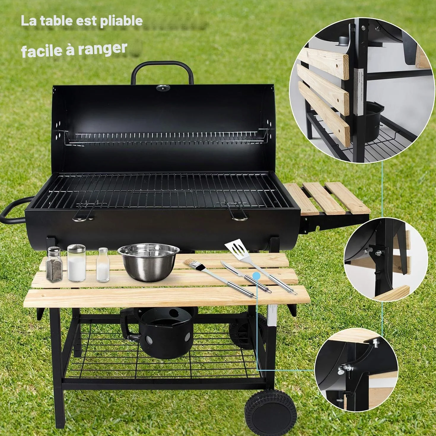 Barbecue à Charbon BBQ de Jardin avec 2 Etagères en Bois 101×70.5×94.5CM