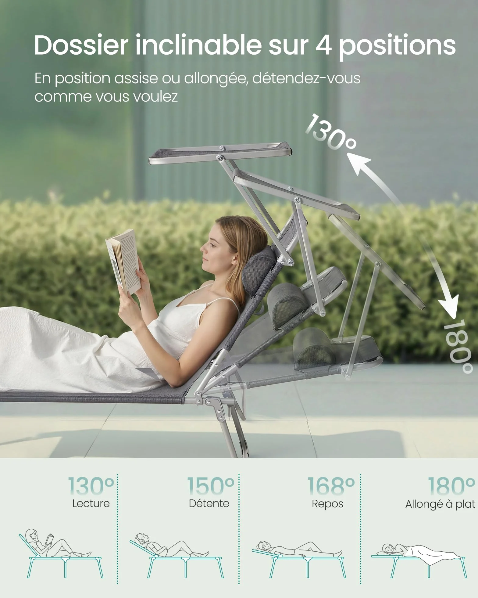 SONGMICS Lot de 2 Chaises Longues Pliantes 189 x 53 x 28,5 cm Transats Jardin Dossier Réglable Gris