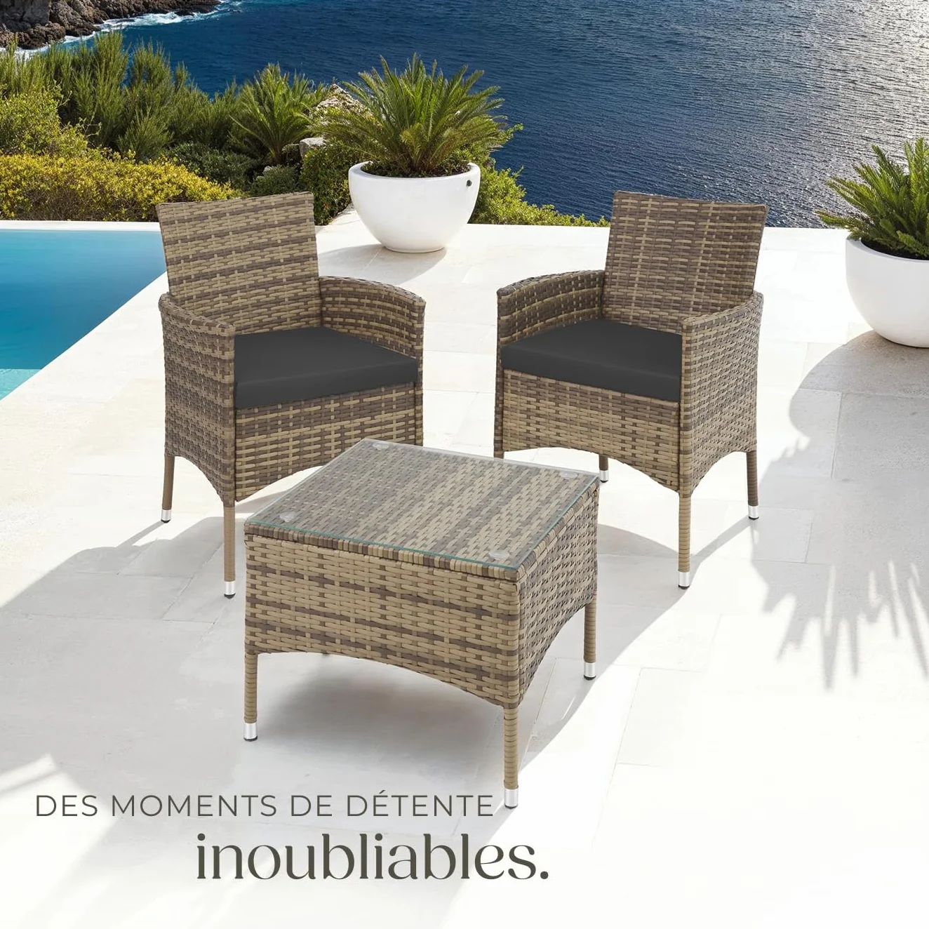 Ensemble Salon de Jardin Extérieur en Poly Rotin 2 Personnes Fauteuil Table avec Coussins Amovibles