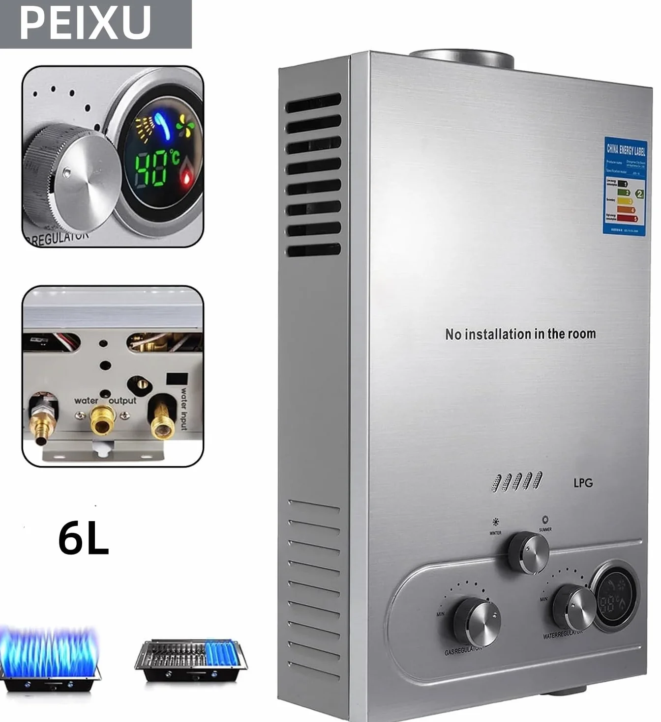 Chauffe-eau à Gaz Instantané 6L 12KW 6 L/min LPG Butane Propane Maison Camping Car Mode Hiver Été
