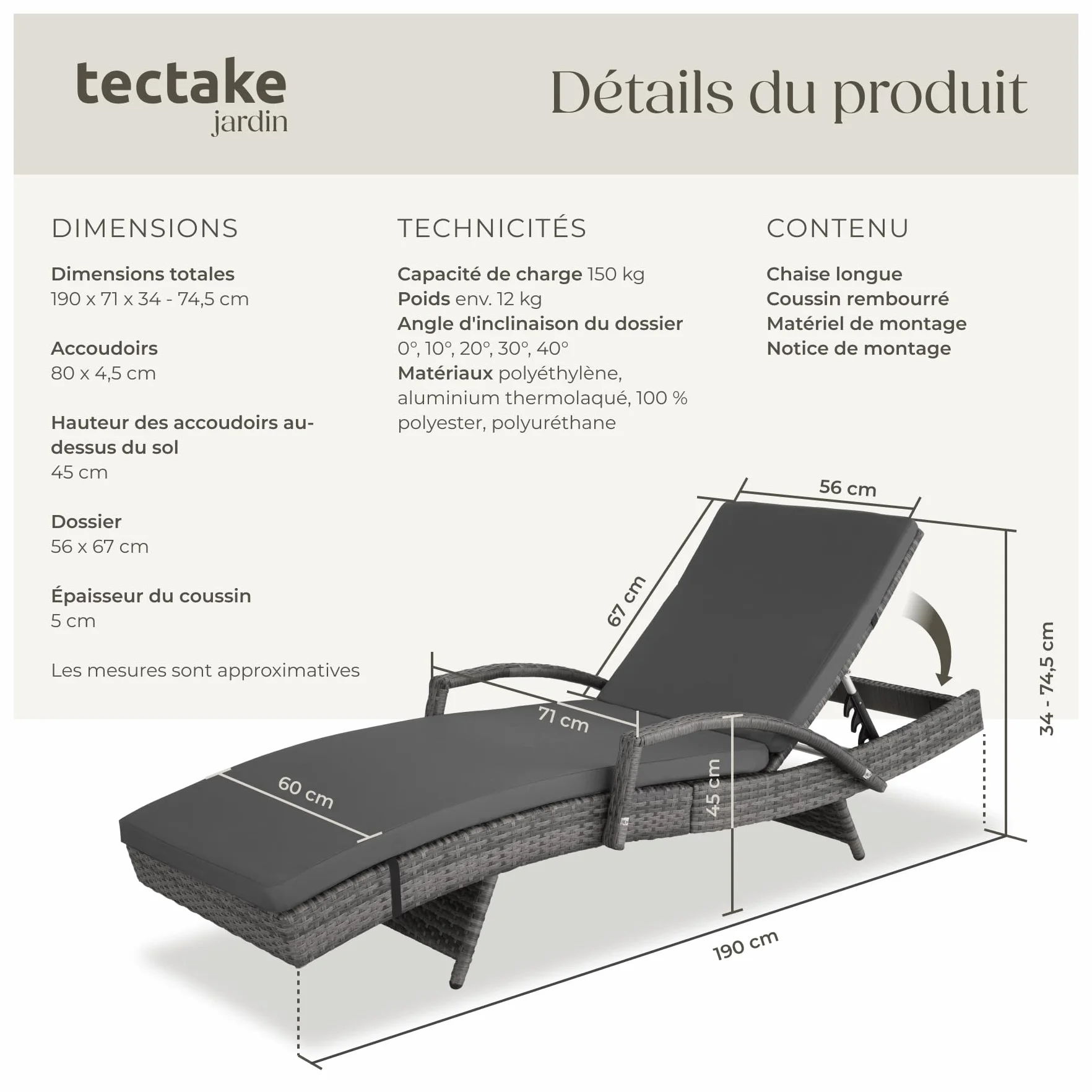 Tectake Chaise Longue Bain de Soleil Résine Tressée Aluminium Dossier Inclinable 5 Positions Transat Jardin Exterieur