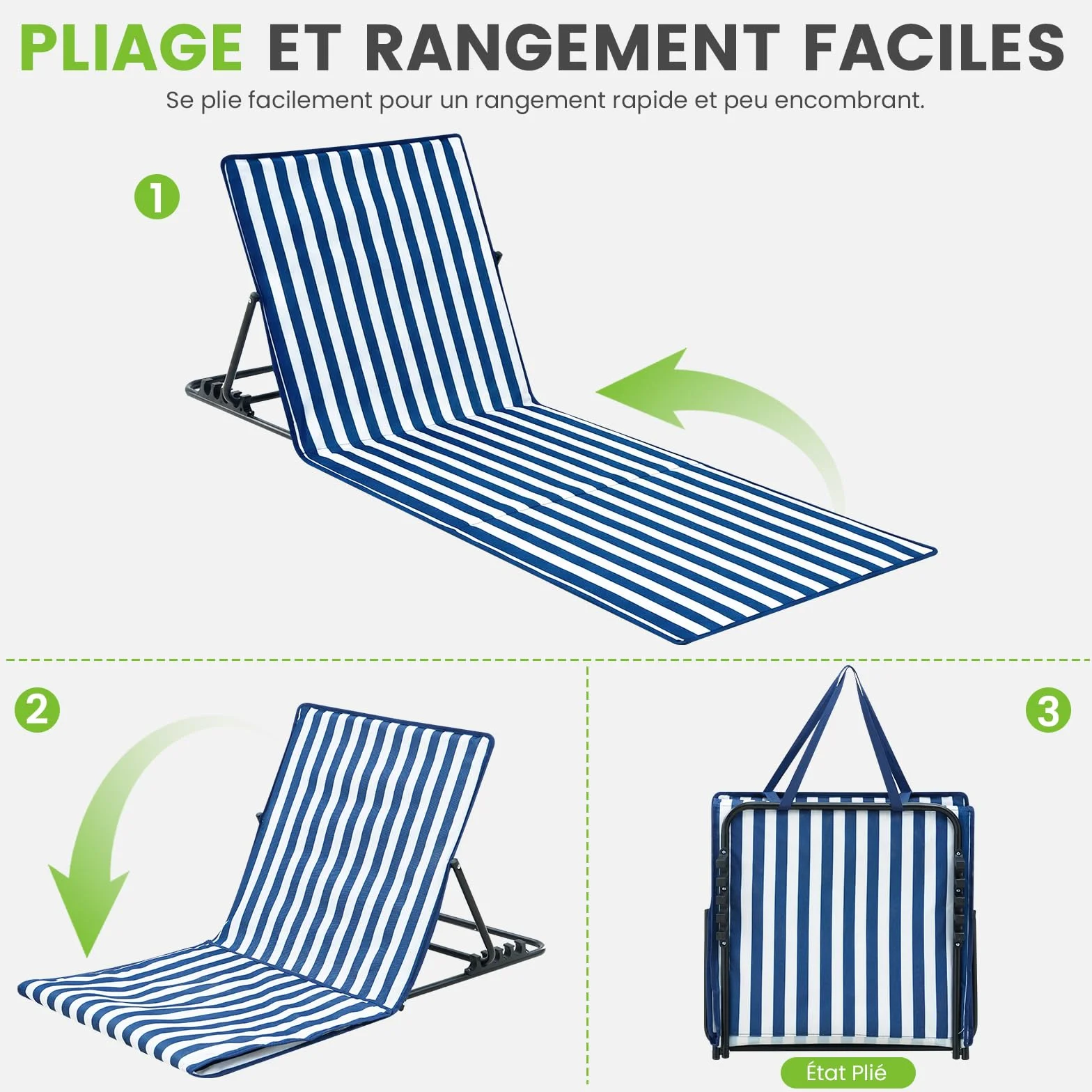 Palawano 2PCS Bain de Soleil Réglable 5 Positions, Matelas de Plage Pliante et Légère Bleu Blanc