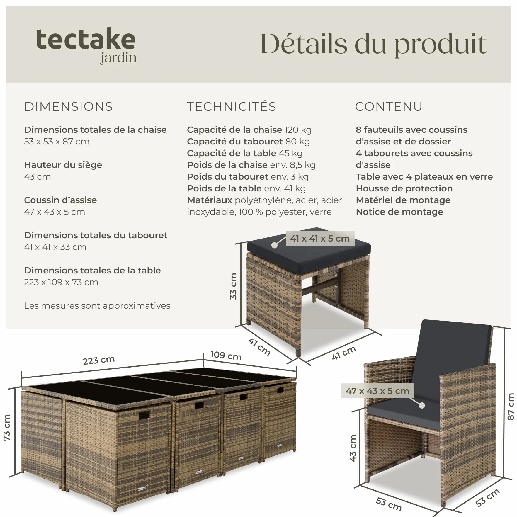 Tectake Salon en Résine Tressée Ensemble Repas Extérieur 8 Chaises 4 Tabourets 1 Table Marron Naturel Gris Foncé
