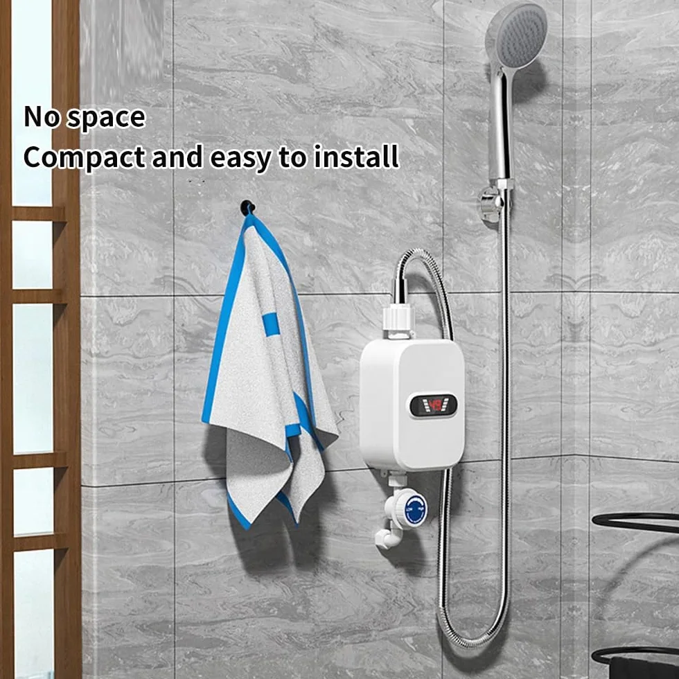 Chauffe Eau Instantané Électrique 3500W 220V avec Pomme de Douche et Affichage LCD, Salle de Bain, Cuisine (Blanc)