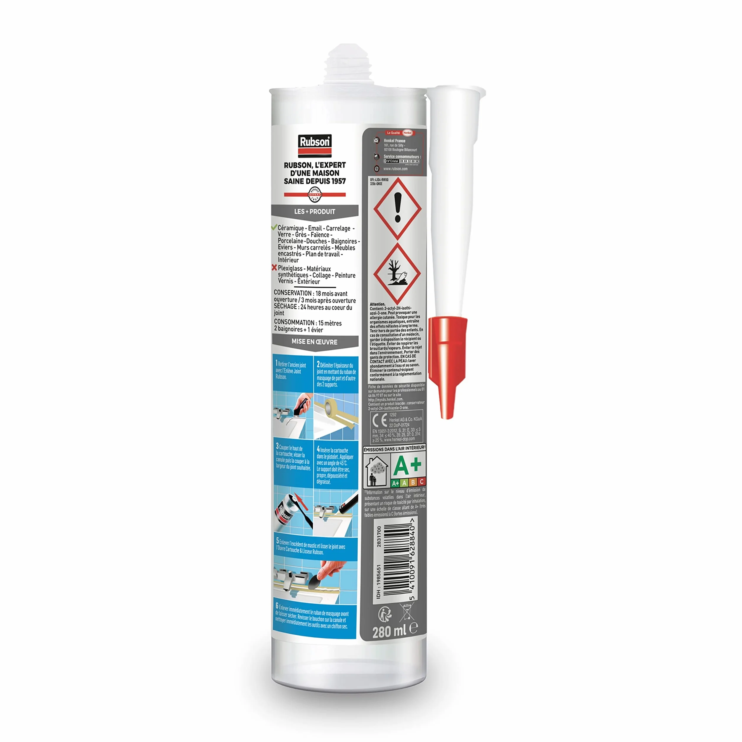 Rubson – Mastic Bain & Cuisine Noir Intense (cartouche de 280 ml) – Joint silicone multi-matériaux renforcé en antifongiques – Mastic sanitaire coloré, souple & étanche