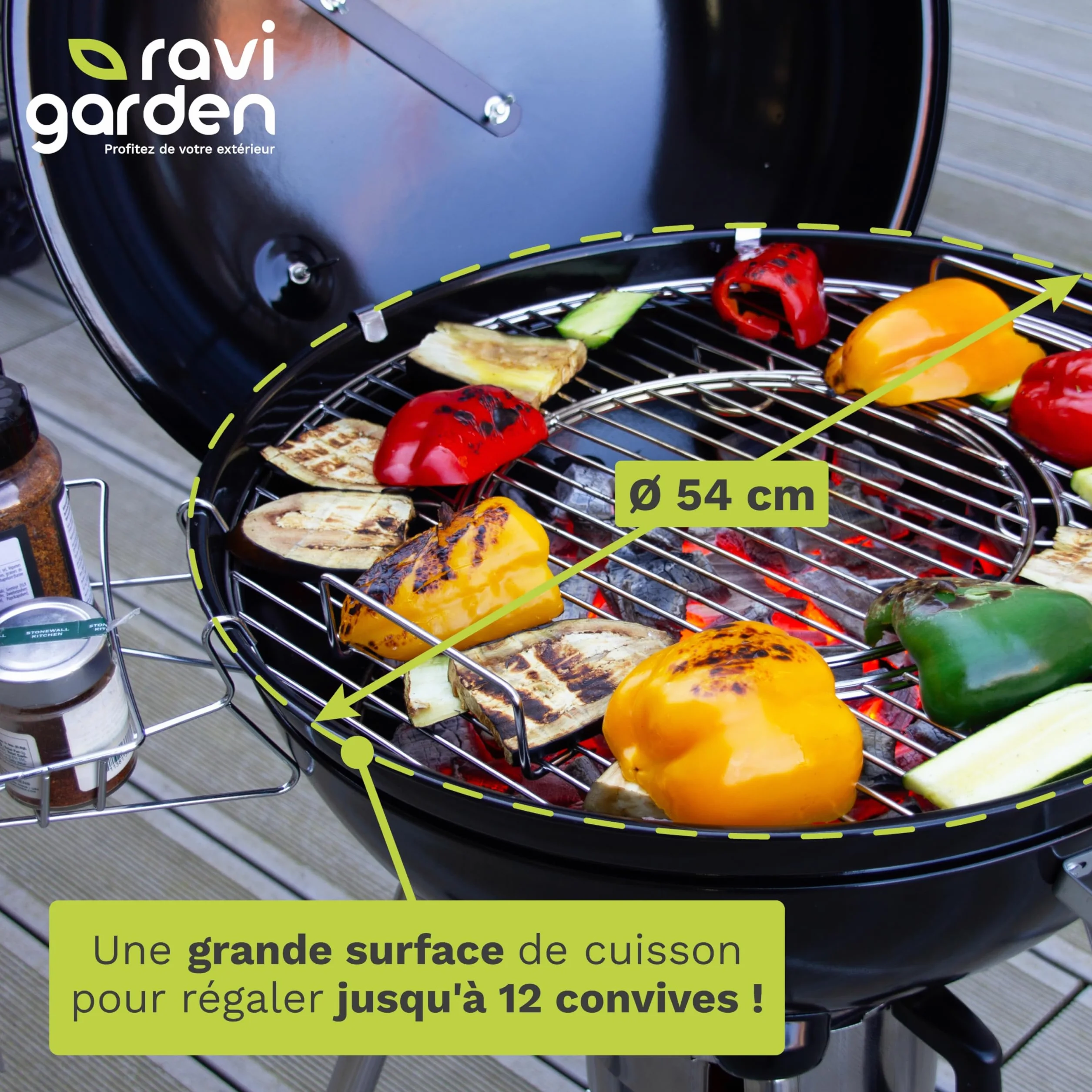Barbecue Charbon de Bois 57 cm Rond avec Couvercle 4 Pieds pour 8-12 Personnes