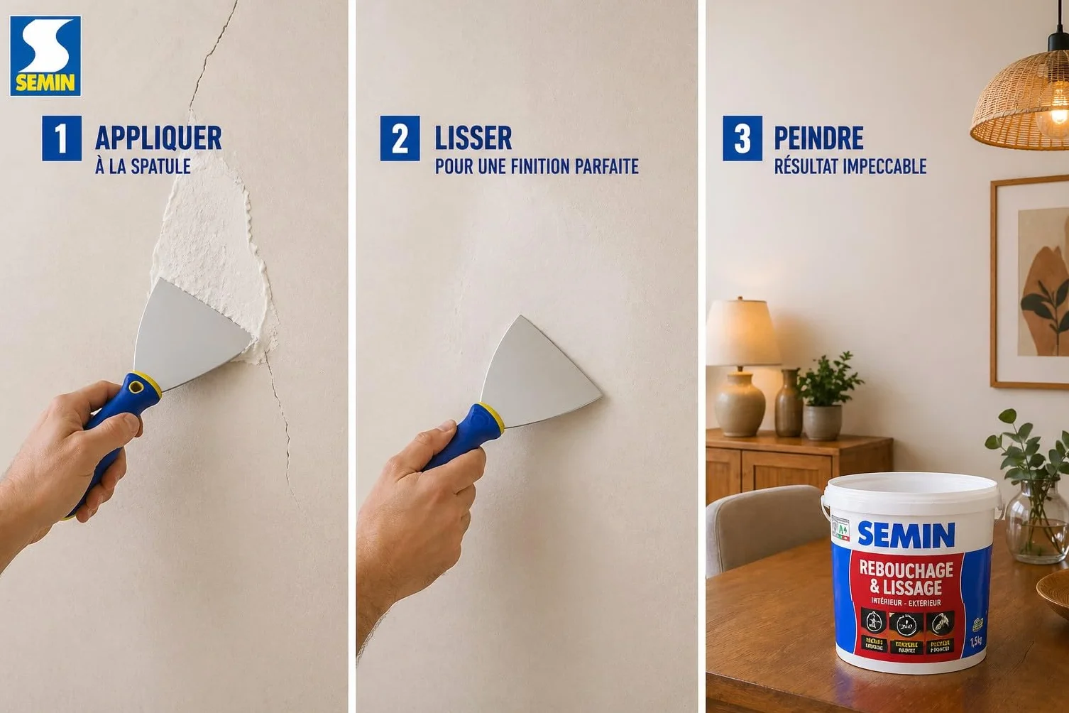 SEMIN Enduit de Rebouchage en Pâte 1.5 kg – Spécial Trous, Fissures & Trous de Vis – Intérieur/Extérieur – Prêt à l’Emploi – Excellente Finition – Haute Adhérence