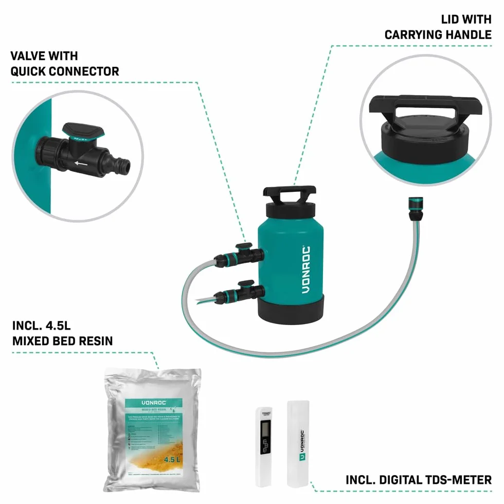 VONROC Kit de Filtre à Eau Pure avec Tuyau 20 m, Résine 4,5L, Compteur TDS