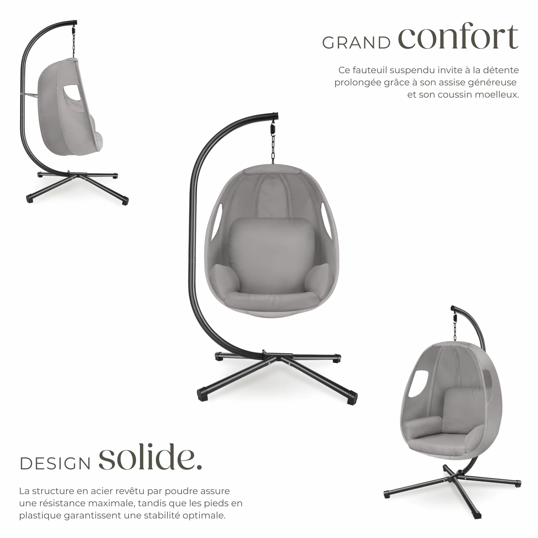 Tectake Fauteuil Suspendu Oeuf Acier Résistant aux Intempéries 160 kg avec Coussins et Housse