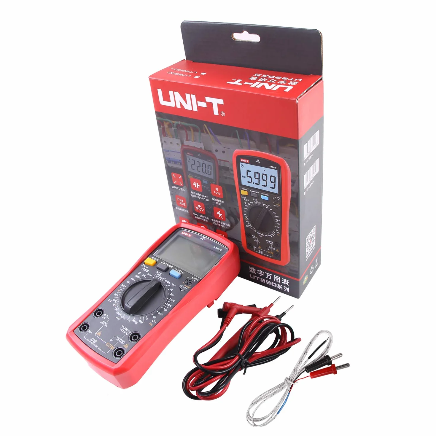 Multimètre, UT890C Multimètre Numérique True RMS 6000 Compte Ampèremètre Voltmètre Tension AC/DC Résistance Courant Capacité Fréquence Testeur mètre de température de Mesure avec Sonde LCD