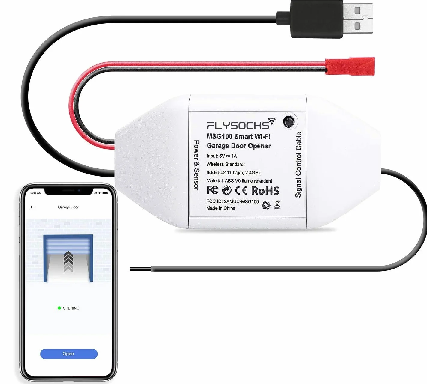 Flysocks Ouvre-Porte de Garage Connecté WiFi, Télécommande de Porte Intelligent Compatible avec Alexa et Google Home, Contrôle à Distance, Commande Vocale et Programme de Temps par APP