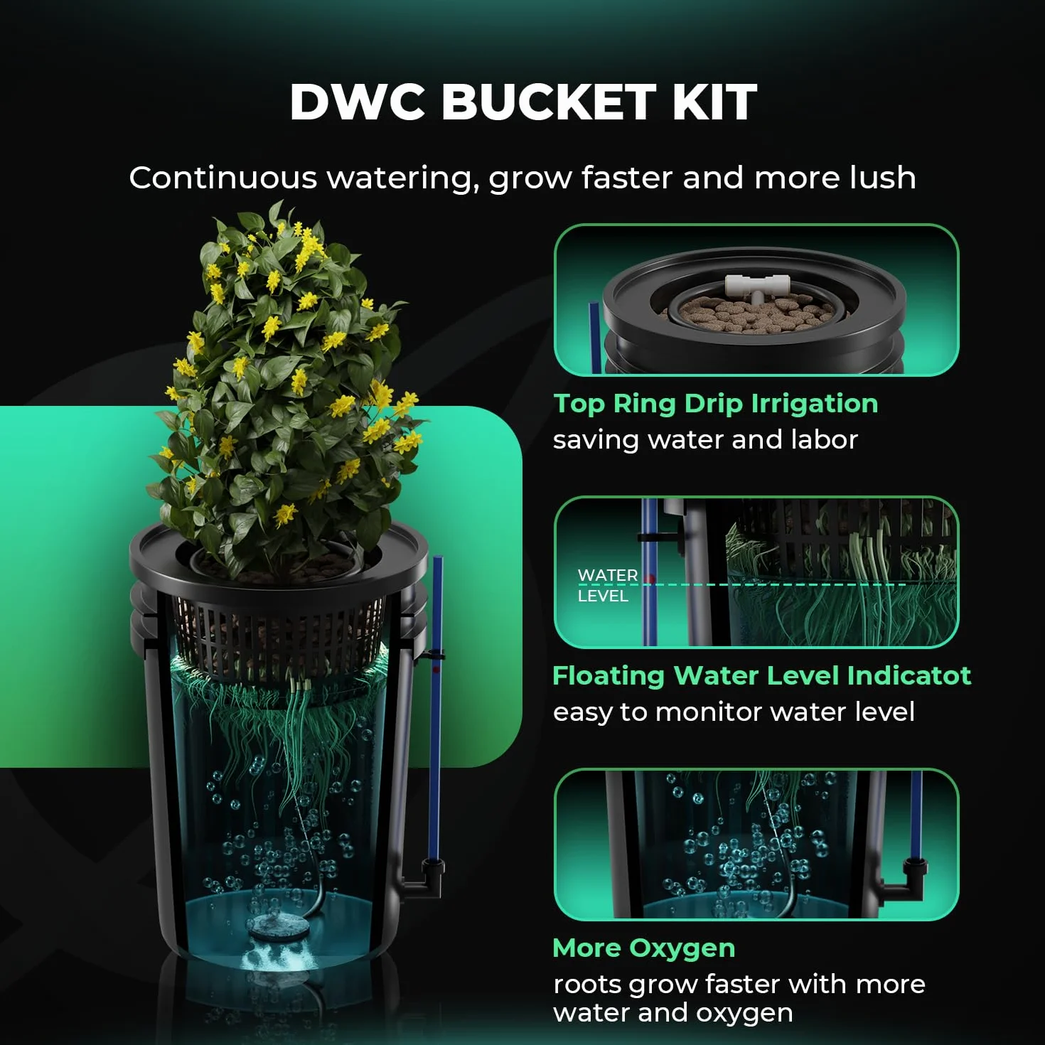 Mars Hydro Système de Culture Hydroponique DWC 5 Gallons Pompe à Air 8W Kit 2 Seaux