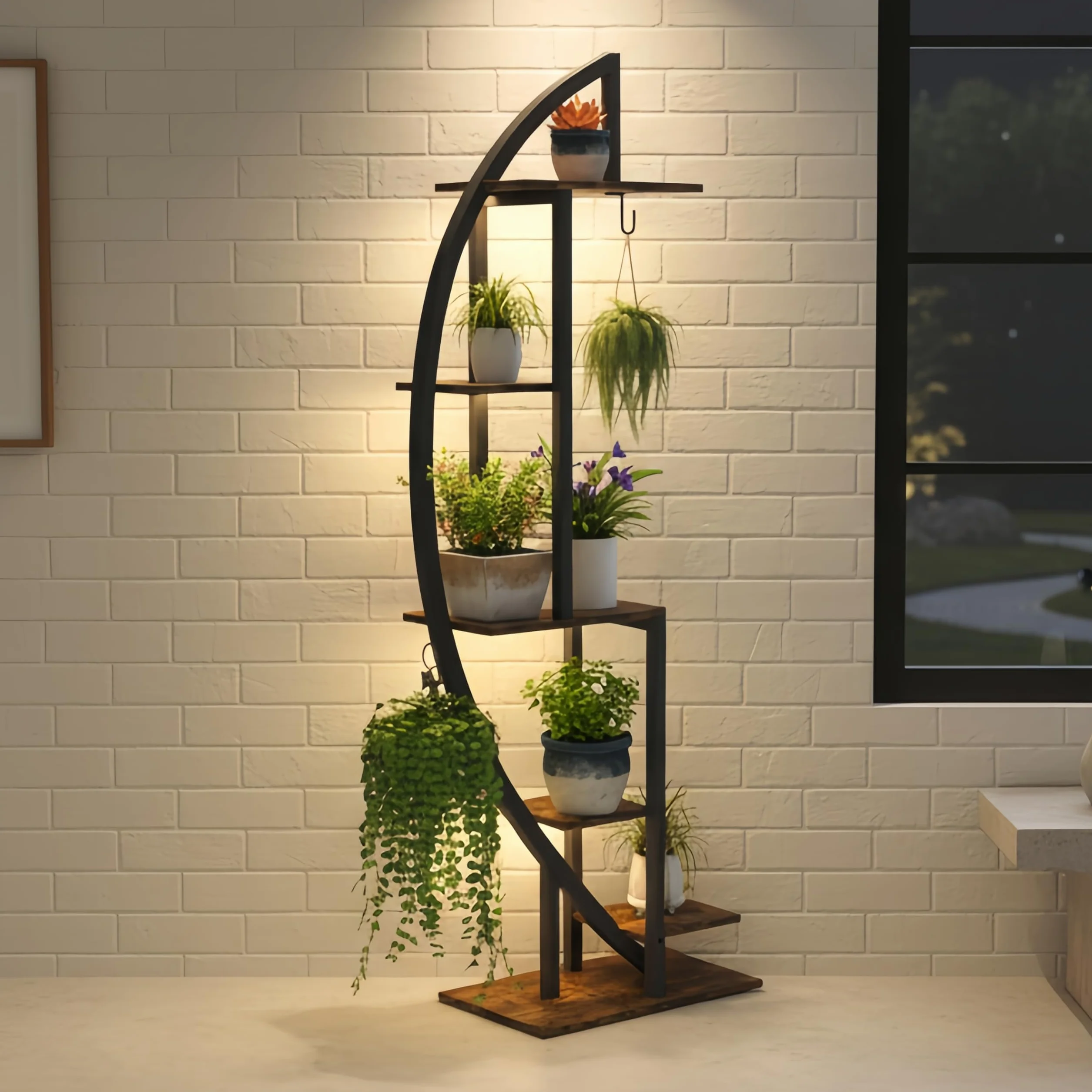 Étagère à plantes avec lumière 160 cm 6 niveaux bois métal support plantes extérieur intérieur jardin balcon