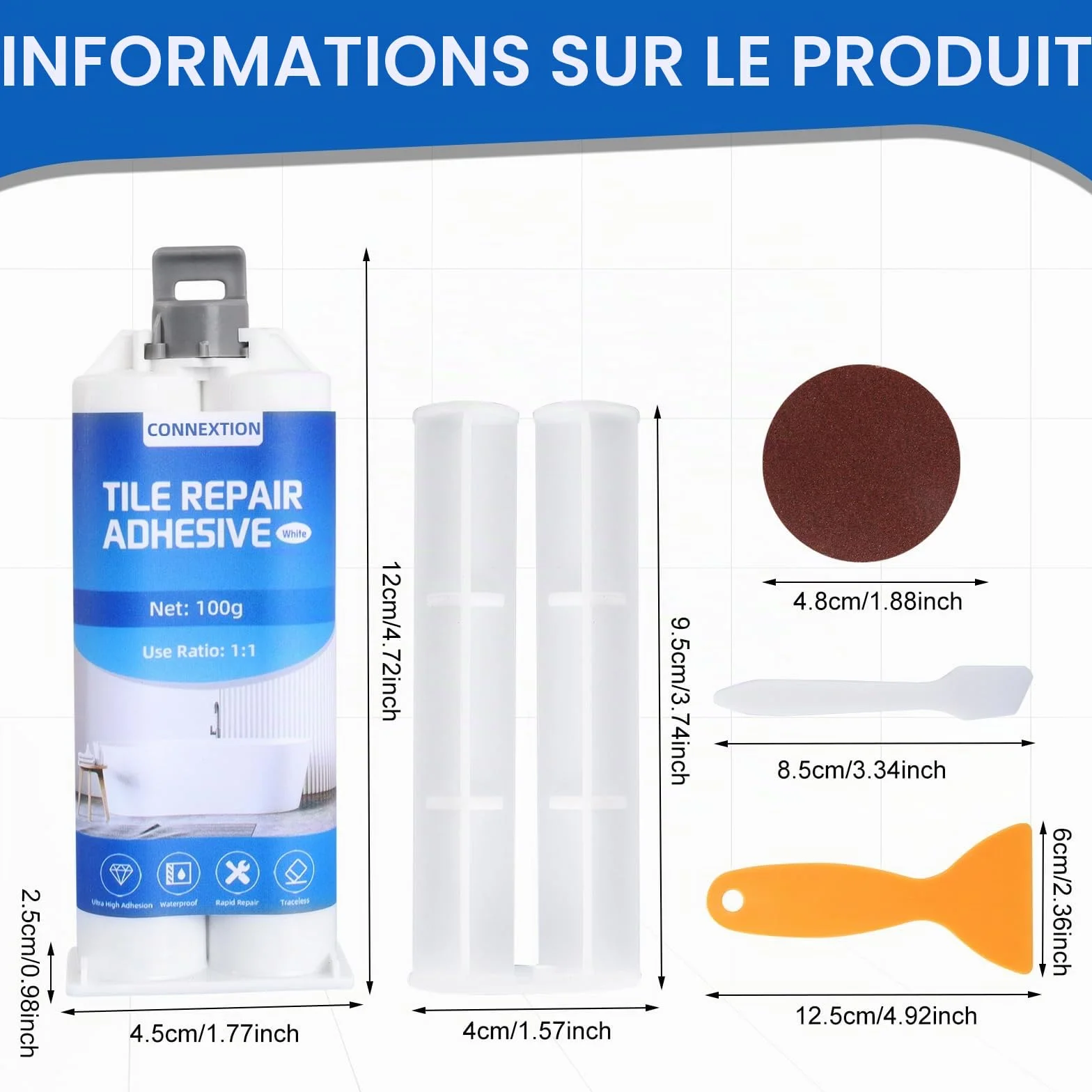 Kit de Reparation Baignoire Blanc 100g, Kit Réparation Carrelage et Evier Céramique, Kits Réparation Baignoire Acrylique et Email, pour Entailles, Rayures, Trous, Fissures