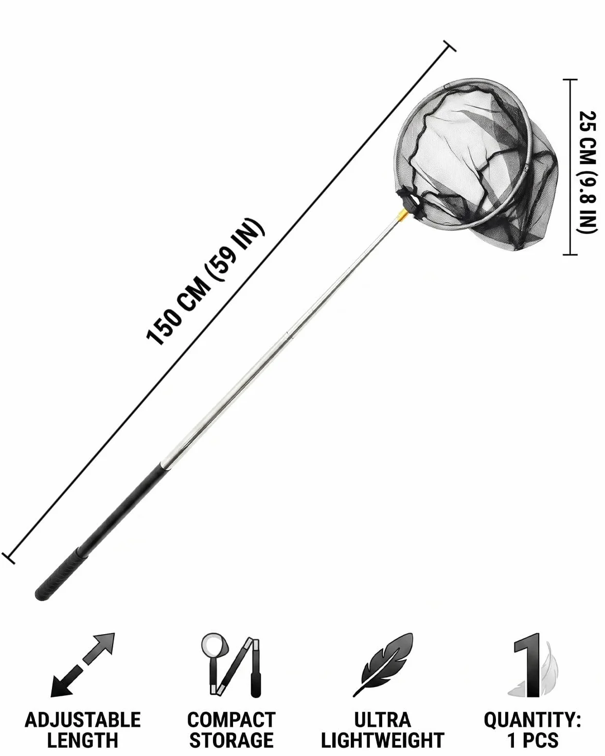 Épuisette de Bassin 150 cm avec Manche Télescopique pour Nettoyer Piscines et Bassins de Jardin