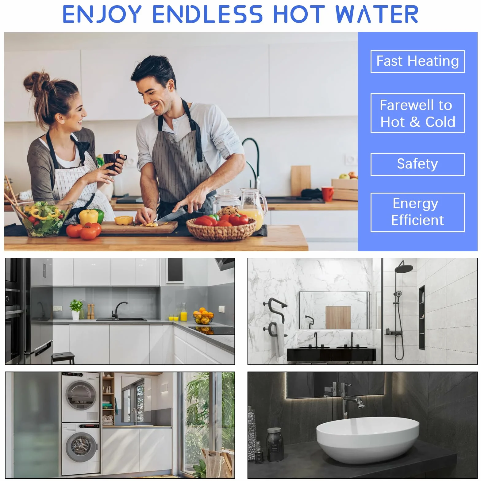 Chauffe-Eau Instantané 6000W Sans Réservoir Économie d'Énergie avec Télécommande LED Blanc