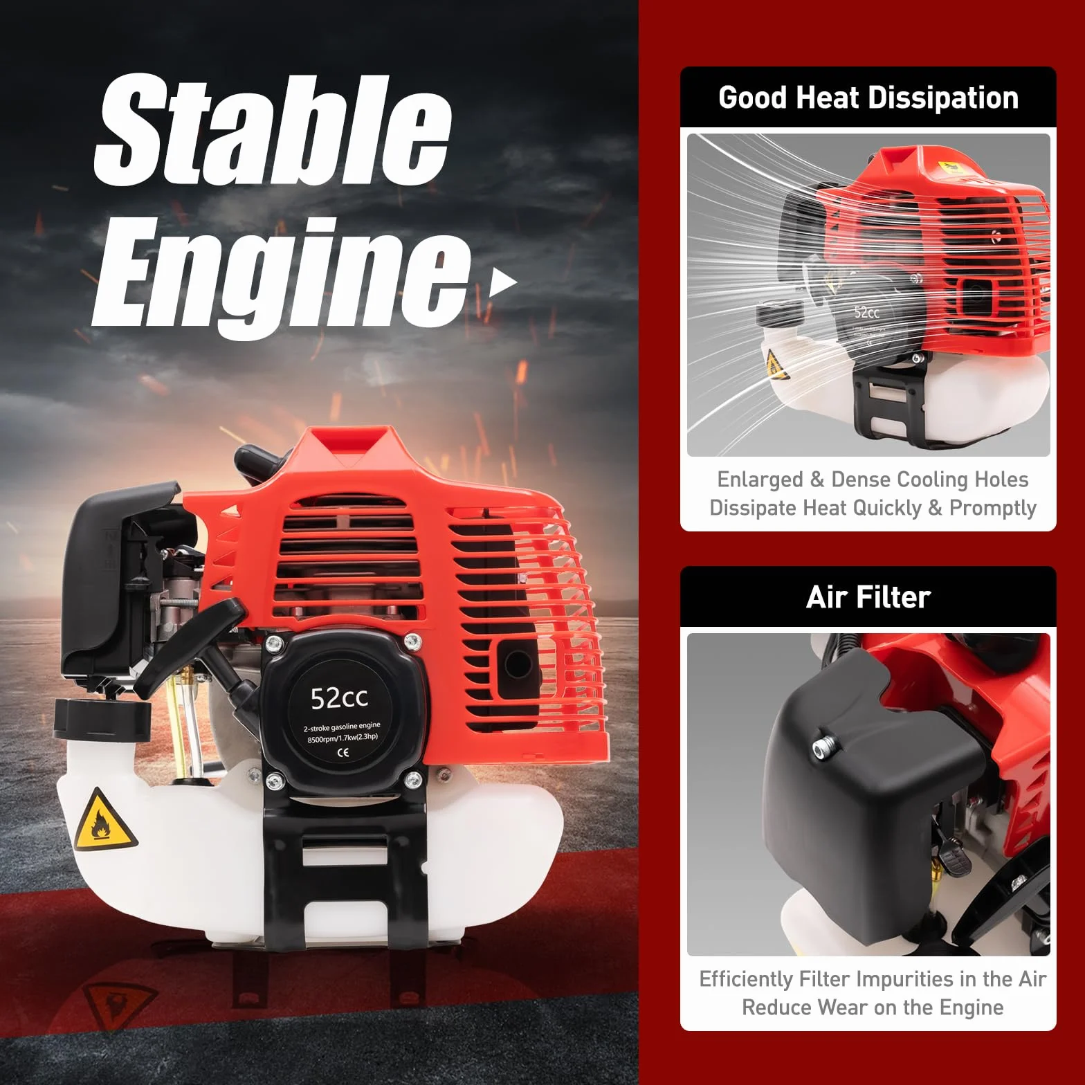 Balayeuse à essence 52 cc 2,3 HP 2 temps pour nettoyage pelouse feuilles gazon